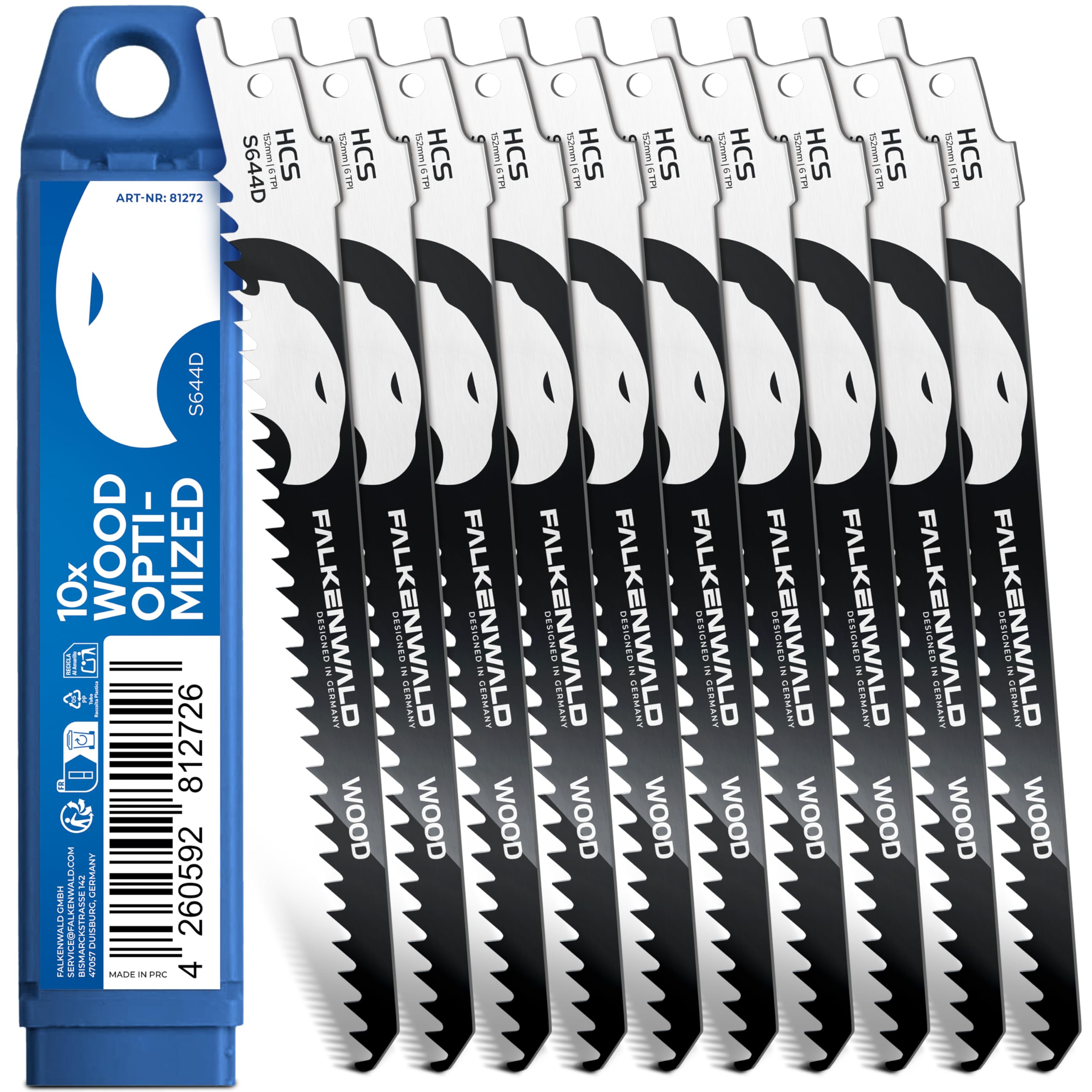 FALKENWALD® Säbelsägeblätter 10-tlg für Holz – S644D HCS - Für Hart- & Weichholz, MDF, OSB, Laminat & Bauholz - Extra scharfe Zähne - Kompatibel mit Bosch, Makita, Einhell u. v. m.