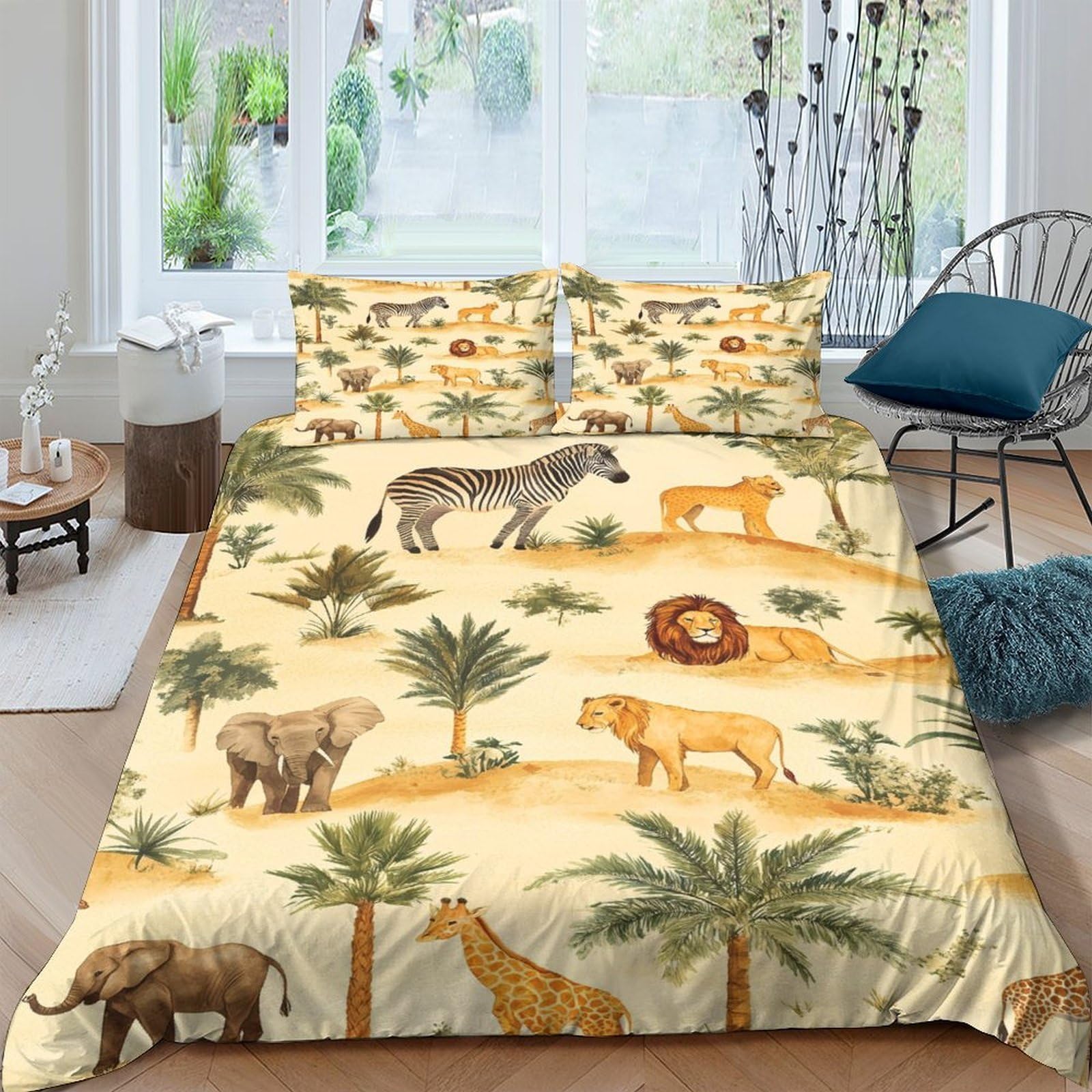TUFRTGYHN 3D Printed Safari Animals Duvet Cover Microfiber Soft Breathable Jungle Wildlife Bedding Set with 2 Pillowcases for Bedroom Decor Single（135x200cm）