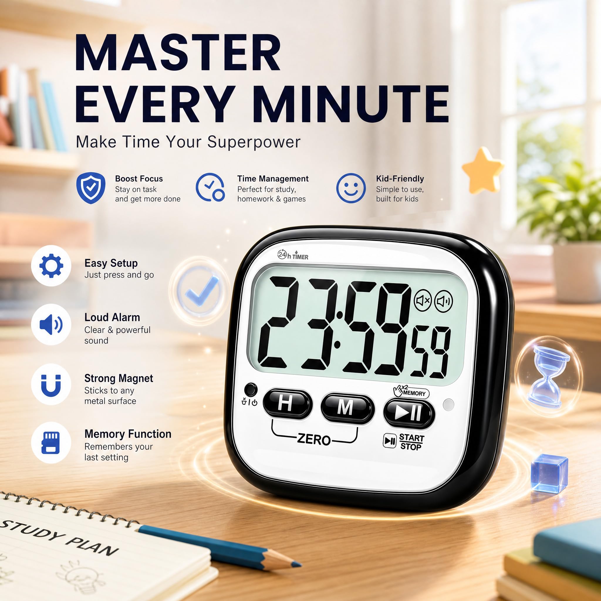 AyayaBoss Lot de 2 minuteurs de cuisine magnétiques pour la cuisine, chronomètre numérique pour enfants, enseignants, salle de classe, bureau, exercice – Batterie incluse