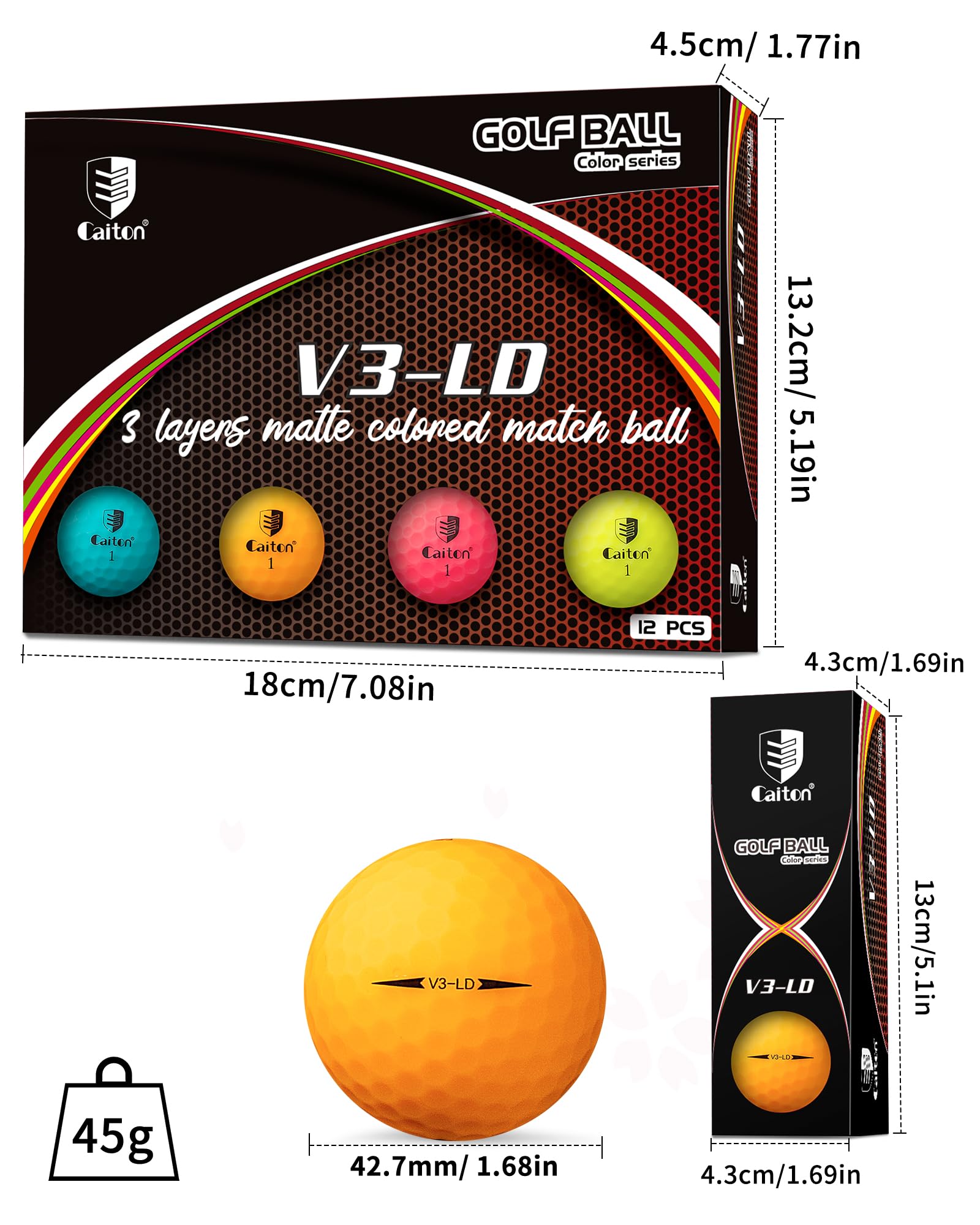 CAITON V3-LD 3-Layer Matte Colored Golf Balls – Optimized Control & Distance, High Elastic Shell, Aerodynamic Design, Gift Box Set (3 PCS or 12 PCS) (Orange)