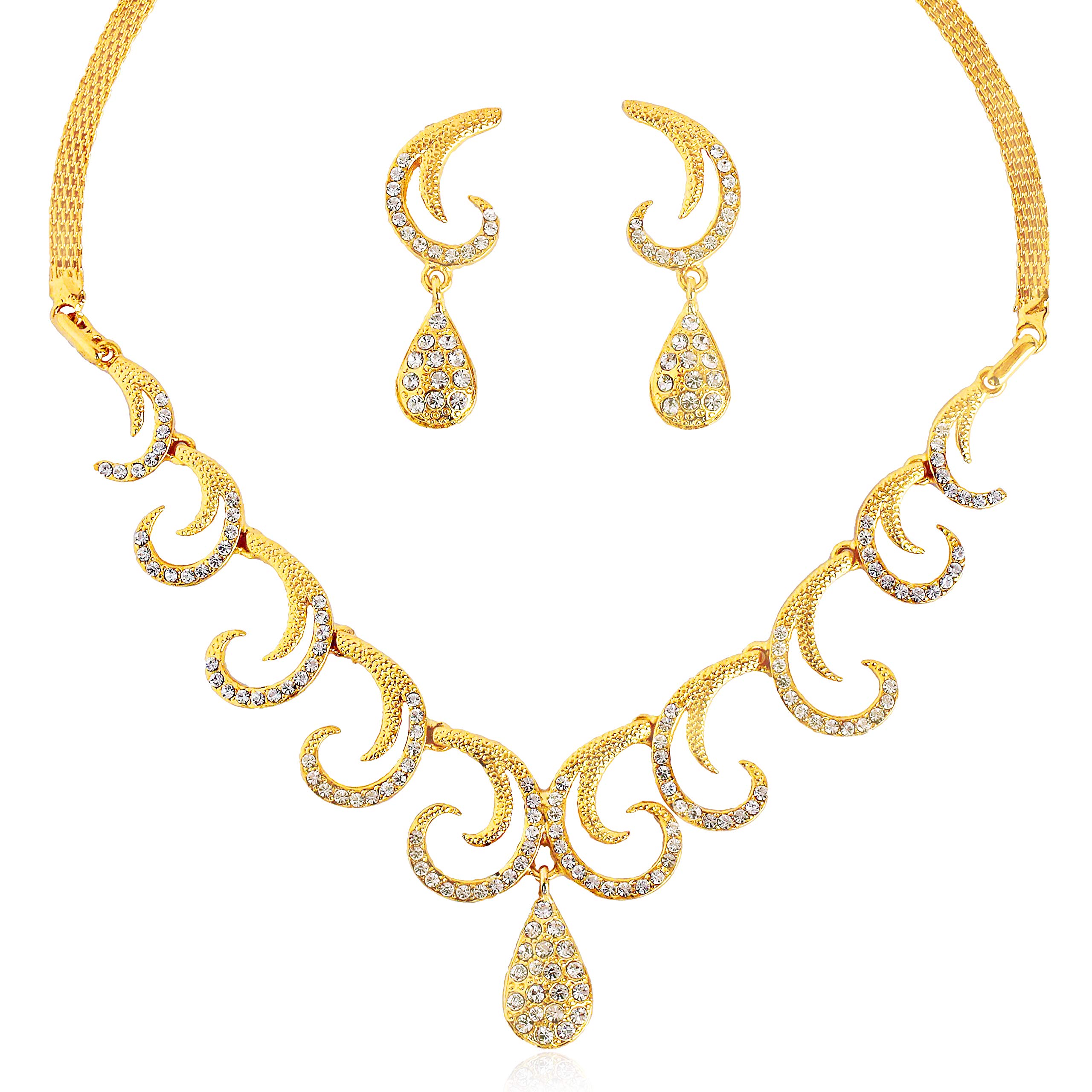 Indian Bollywood Intricately crafted Diamond Look Rhinestone crystal Colorful Wedding Designer Jewelry Necklace Set In Gold And Silver Tone For Women.