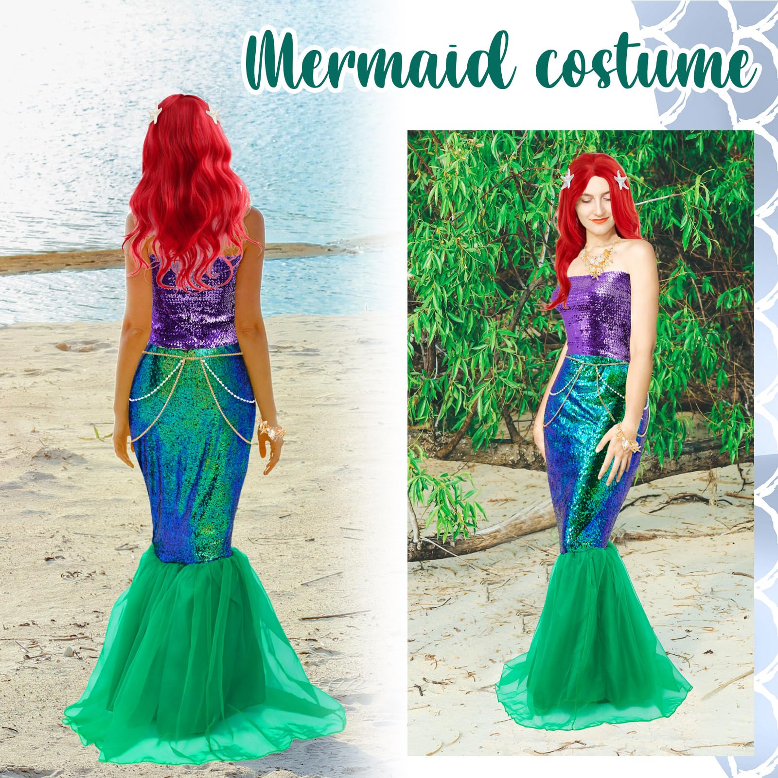 Toulite 8 Pcs Halloween Mermaid Costume for Women Sequin Top Skirt Wig Shell Bag Jewelry Set for Mermaid Cosplay (Medium)