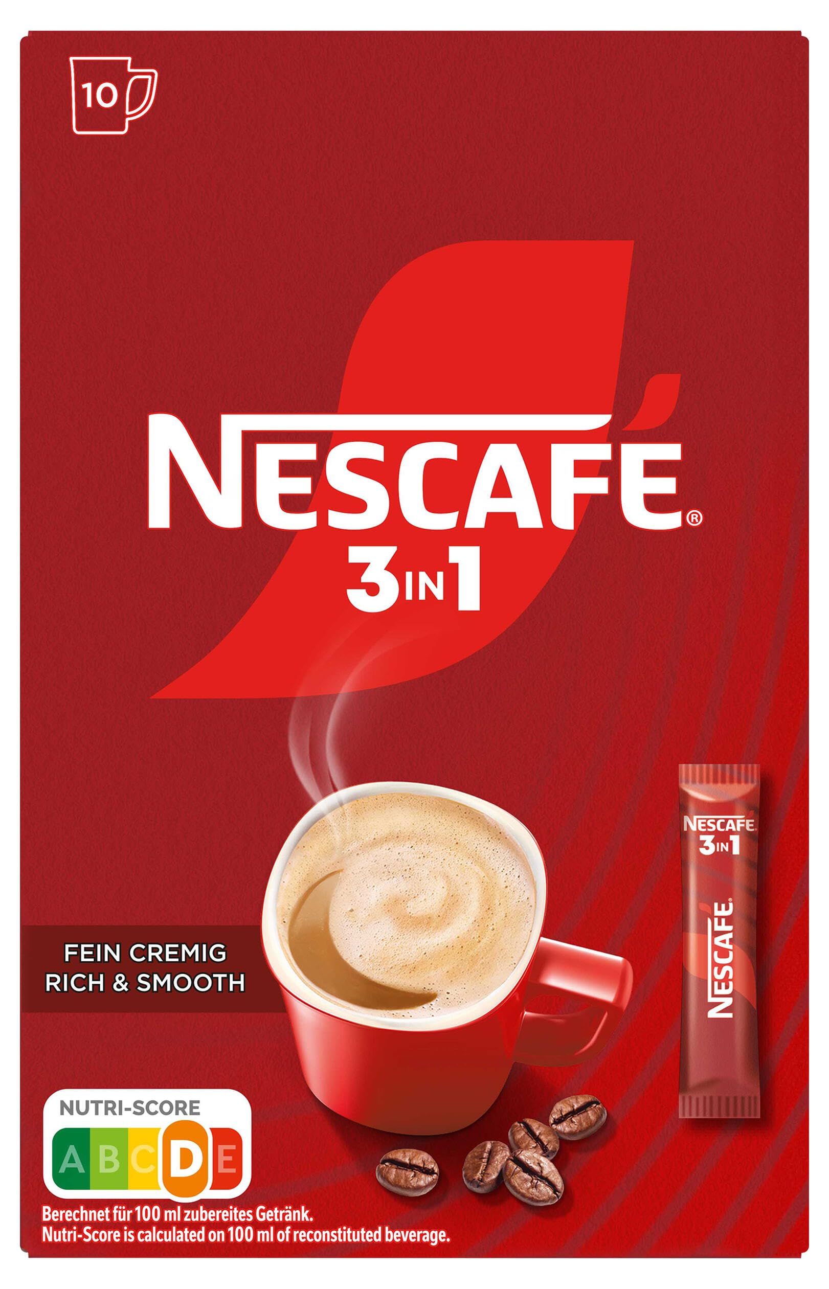 NESCAFÉ 3-in-1 Getränkepulver-Sticks, löslicher Bohnenkaffee mit Creamer & Zucker, Instant-Kaffee aus erlesenen Kaffeebohnen, koffeinhaltig, 8er Pack (8 x 10 Sticks à 15,5g)