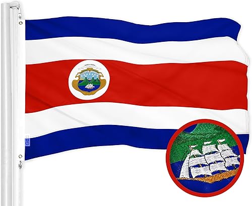 G128 Bandera de Costa Rica | 3 x 5 pies | Serie ToughWeave bordado de poliéster 300D | Bandera de país, diseño bordado, interior y exterior, ojales