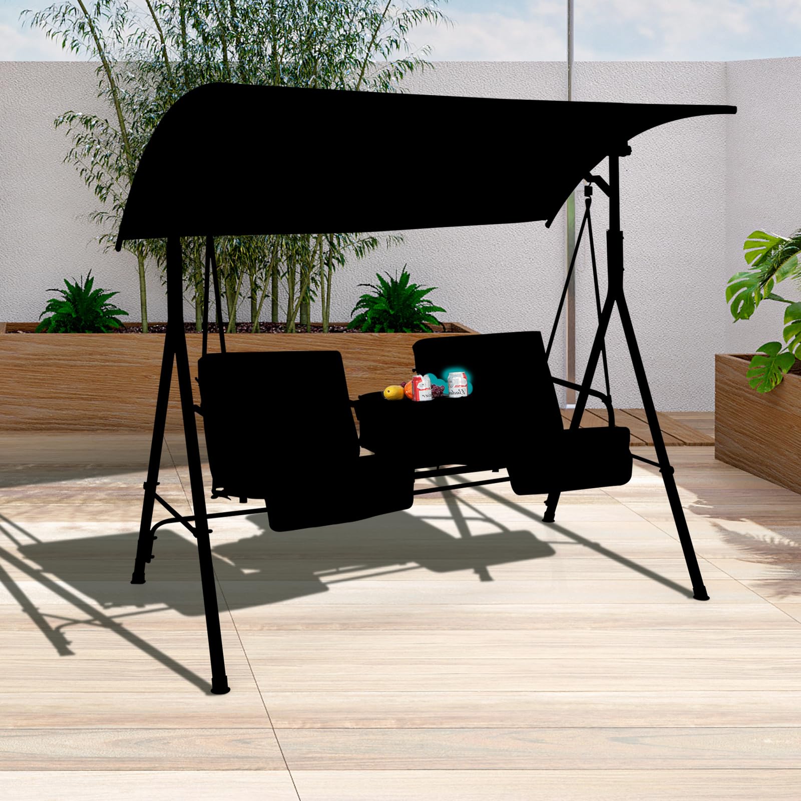 KOMFOTTEU Columpio de Jardín para 2 Personas, Balancín Terreza Exterior con Toldo Ajustable, Banco Mecedora con Bandeja y Bolsa de Refrigeración, para Balcón, Patio (Negro)