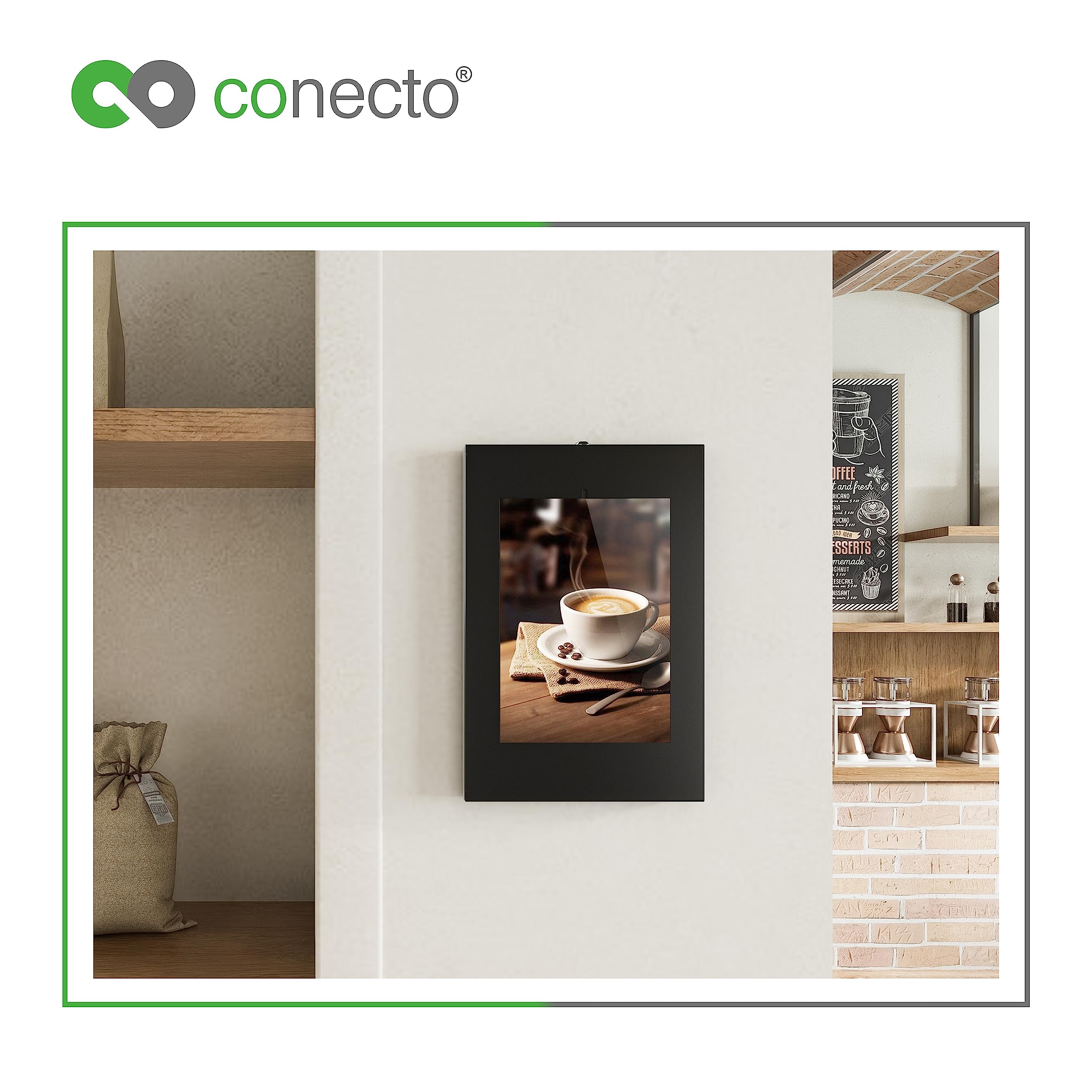 conecto Soporte de Pared para Tablet, Carcasa de Acero para Tab A 10.1 (2019)/ Tab A7/ S6 Lite 10.4/10.5"/11 y iPad 5/6/7/8/9/ iPad Air 9.7"/ 10.5"/10.9" / iPad Air 9.7"/10.5"/11, Negro