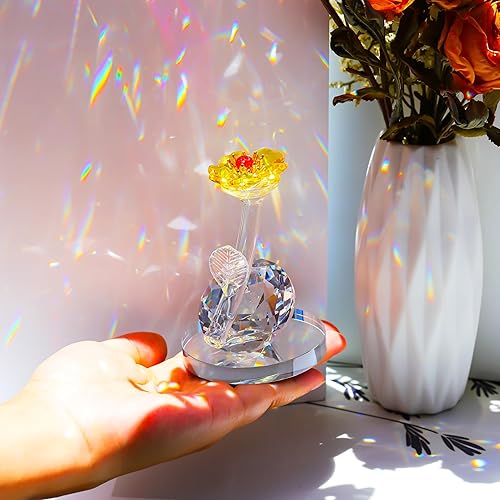 Miniatura 2 de Qianwei Flores de cristal con tallos de girasoles  Ramo de regalos de girasol rojo, figuras coleccionables, decoración de cristal para oficina,