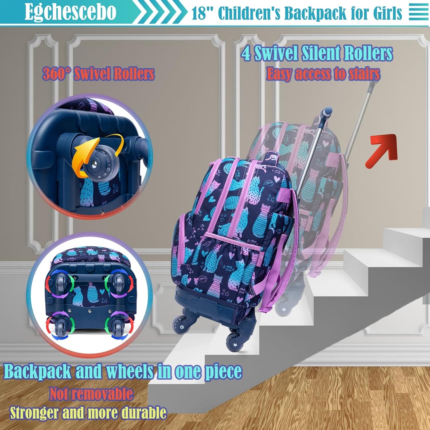 Kids Rolling Backpack for Girls Cats Suitcases Trolley Roller Luggage Backpacks with 360° Rotating Wheels Laptop Lunch Box Pencil Case for Elementary 18" Travel School Bag Gradient Colors