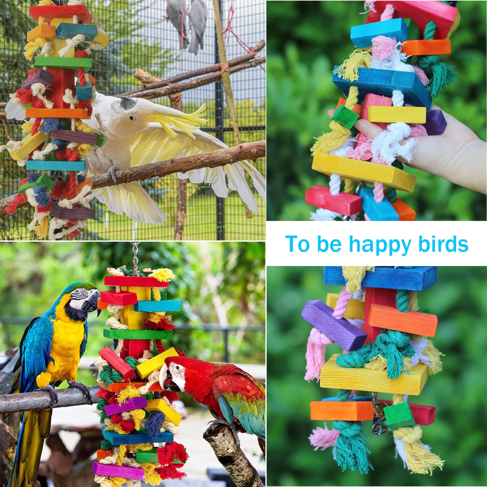 AQH Jouets pour Grands Oiseaux, Jouet Perroquet, pour Jouet Perruche en Bloc Bois Naturel pour perroquets Gris africains, aras, cacatoès, perroquets amazoniens et Autres perroquets de(Multicolor A)