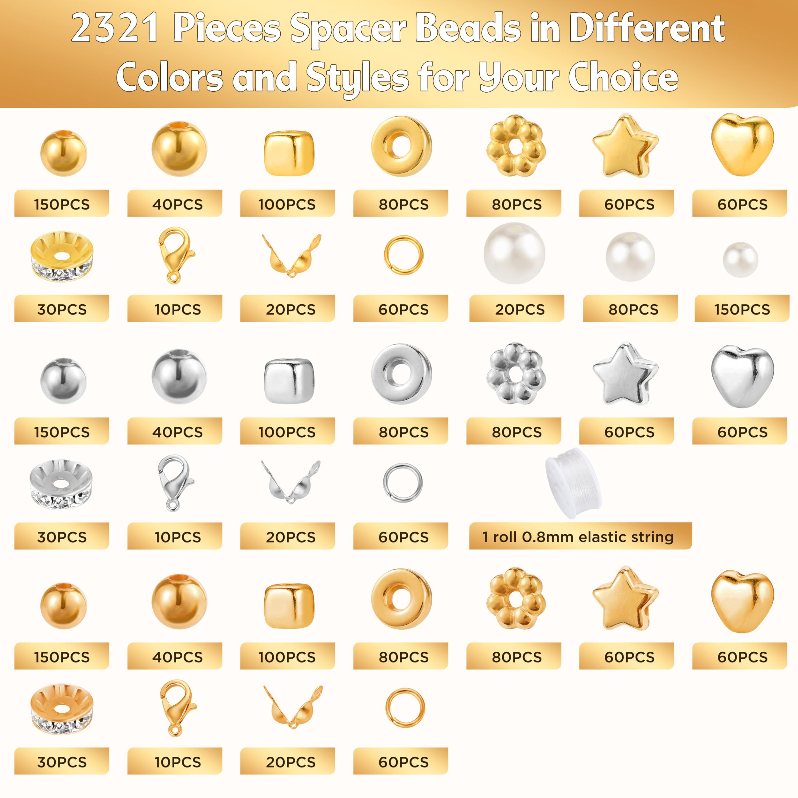 Funtopia Spacer Beads Bracelet Making Kit, 2320 Pcs Jewelry Making Supplies with Assorted Round Star Silver Gold Beads, Round Pearls and Lobster Clasps, DIY Crafts Necklaces Bracelets Earrings