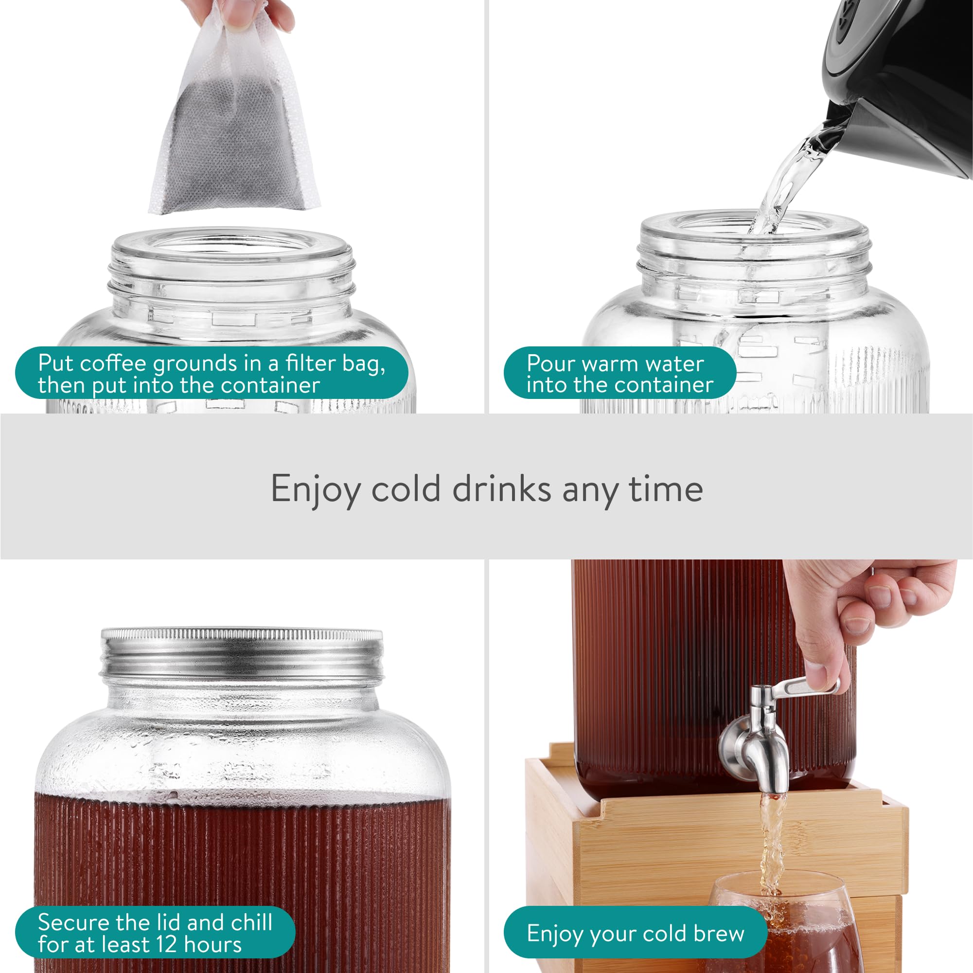 Navaris Dispensador de Bebidas con Grifo - Recipiente de Cristal de 4 L - Garrafa Agua con Grifo con Dosificador de Metal - Garrafa de Agua - Diseño de Rayas — view 5