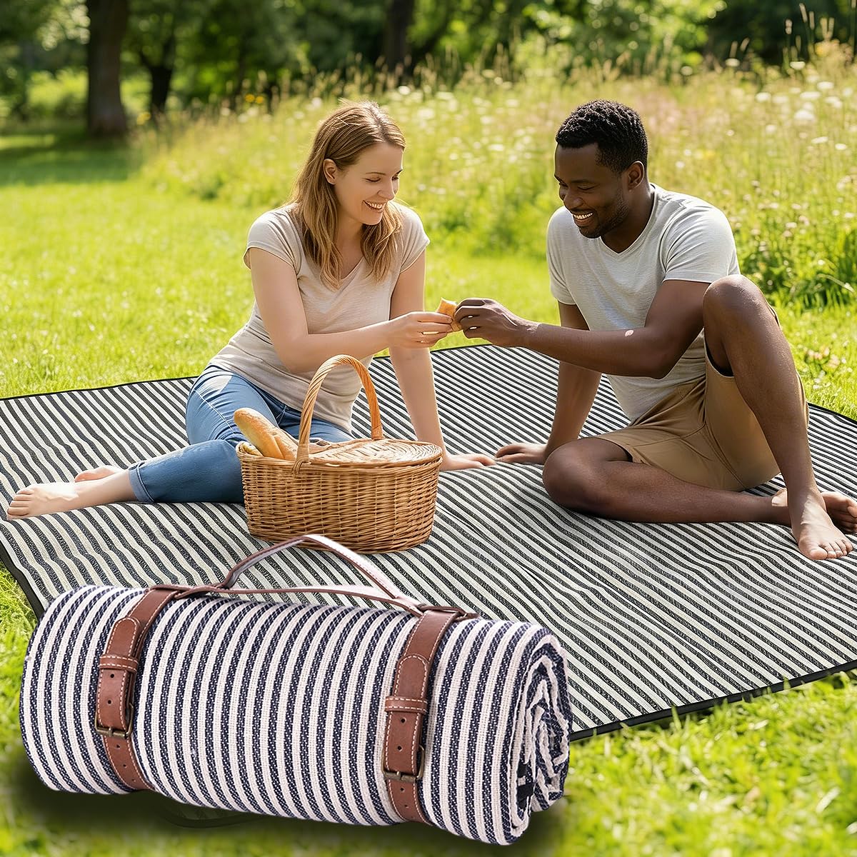Manta de Picnic Impermeable 150x200 cm, Manta de Playa y Camping Antiarrena con Asa, Tapete de Picnic Diseño a Rayas Portátil y Plegable, 3 Capas Aislante Térmico para Parque Camping Exterior