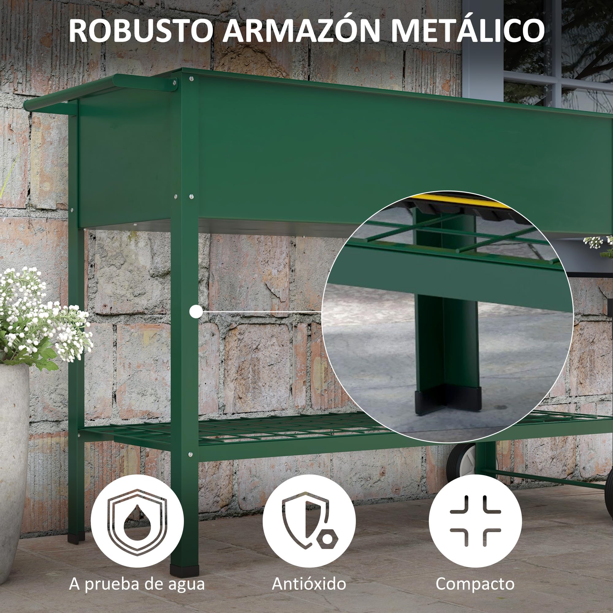 Outsunny Mesa de Cultivo 109x44x80 cm Huerto Urbano Elevado con 2 Ruedas Estante y Asa para Cultivo Plantas Flores Verduras Verde