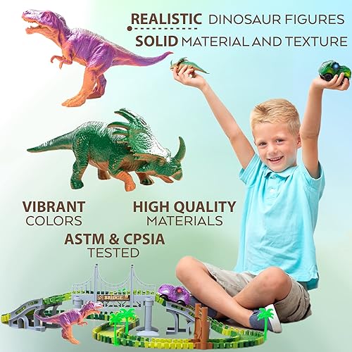 Miniatura 6 de Juego de pista de carreras de dinosaurios de 182 piezas, pista de dinosaurio flexible con puente, rampas, juguete de pista de dinosaurios es un gran