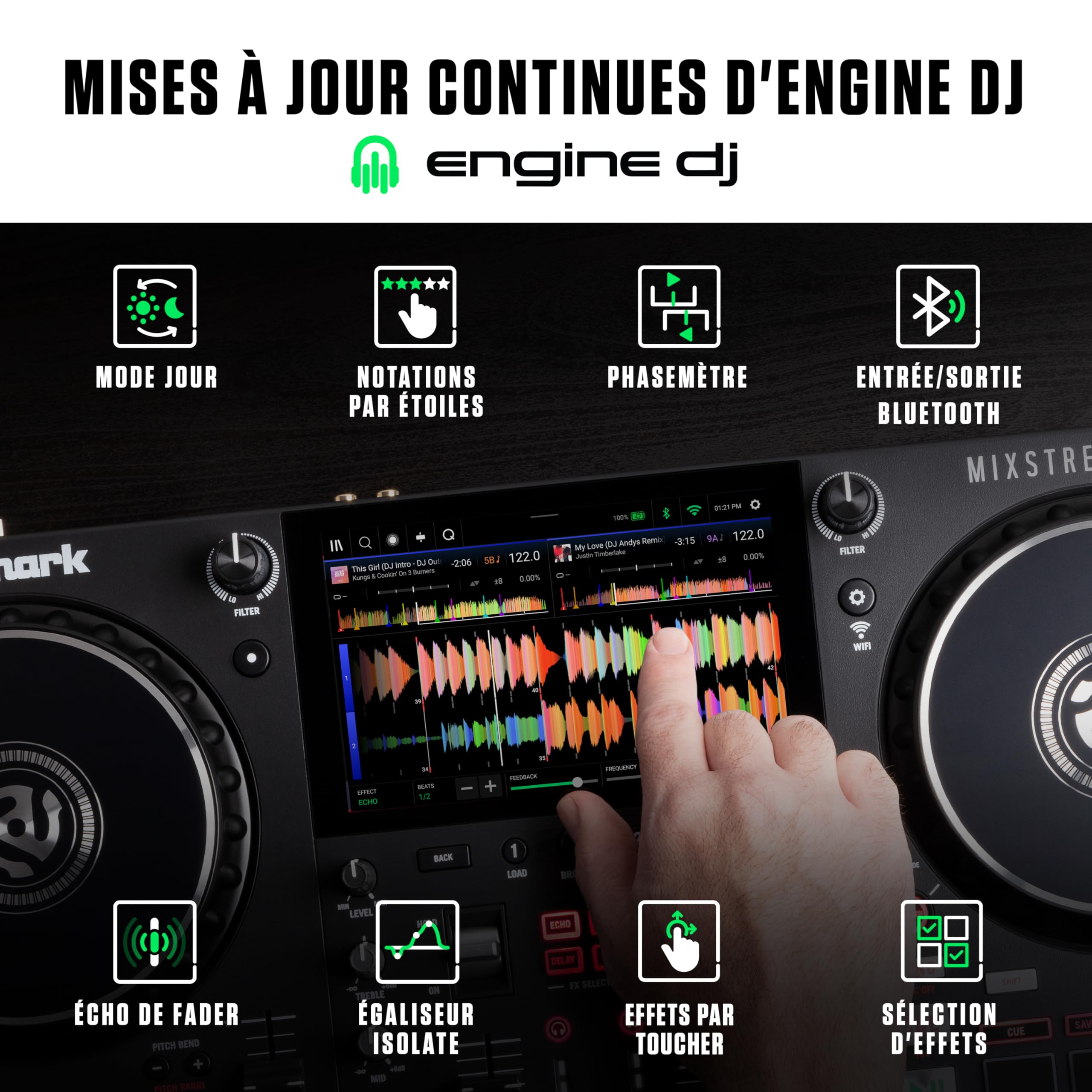Numark Mixstream Pro+ contrôleur DJ avec séparation Stems, 2 platines, Wi-Fi, mixeur, écran tactile 7", haut-parleurs, compatible Serato et Virtual DJ