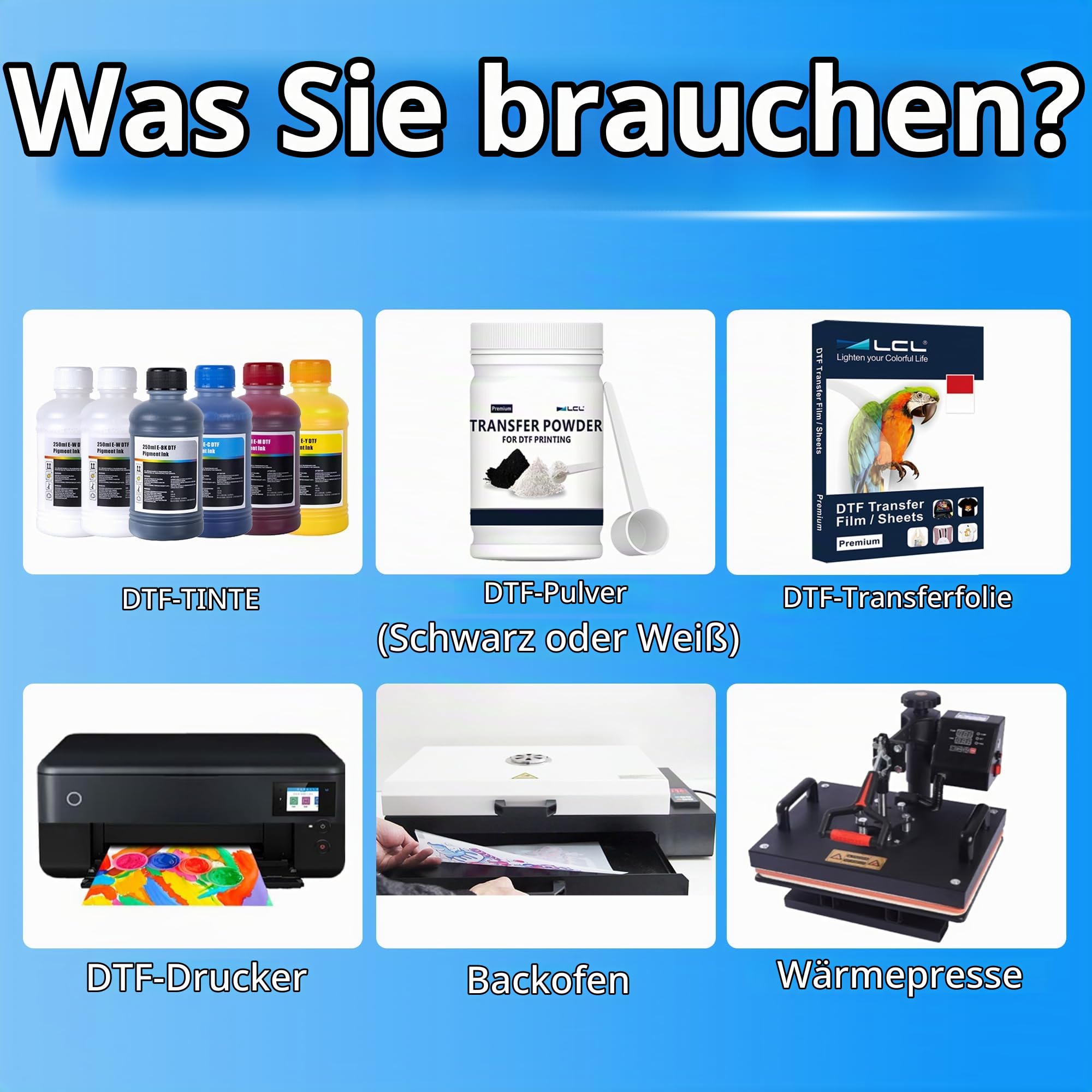 LCL 1500ML DTF Tinte, DTF Transfertinte Nachfülltinte für Epson ET-8550, XP-15000, L1800, L805, R1390, R2400, F2000, F2100, F2200, P700, P900,Wärmeübertragungsdrucktinte Set (250 ml x 6, CMYK 2 Wh)