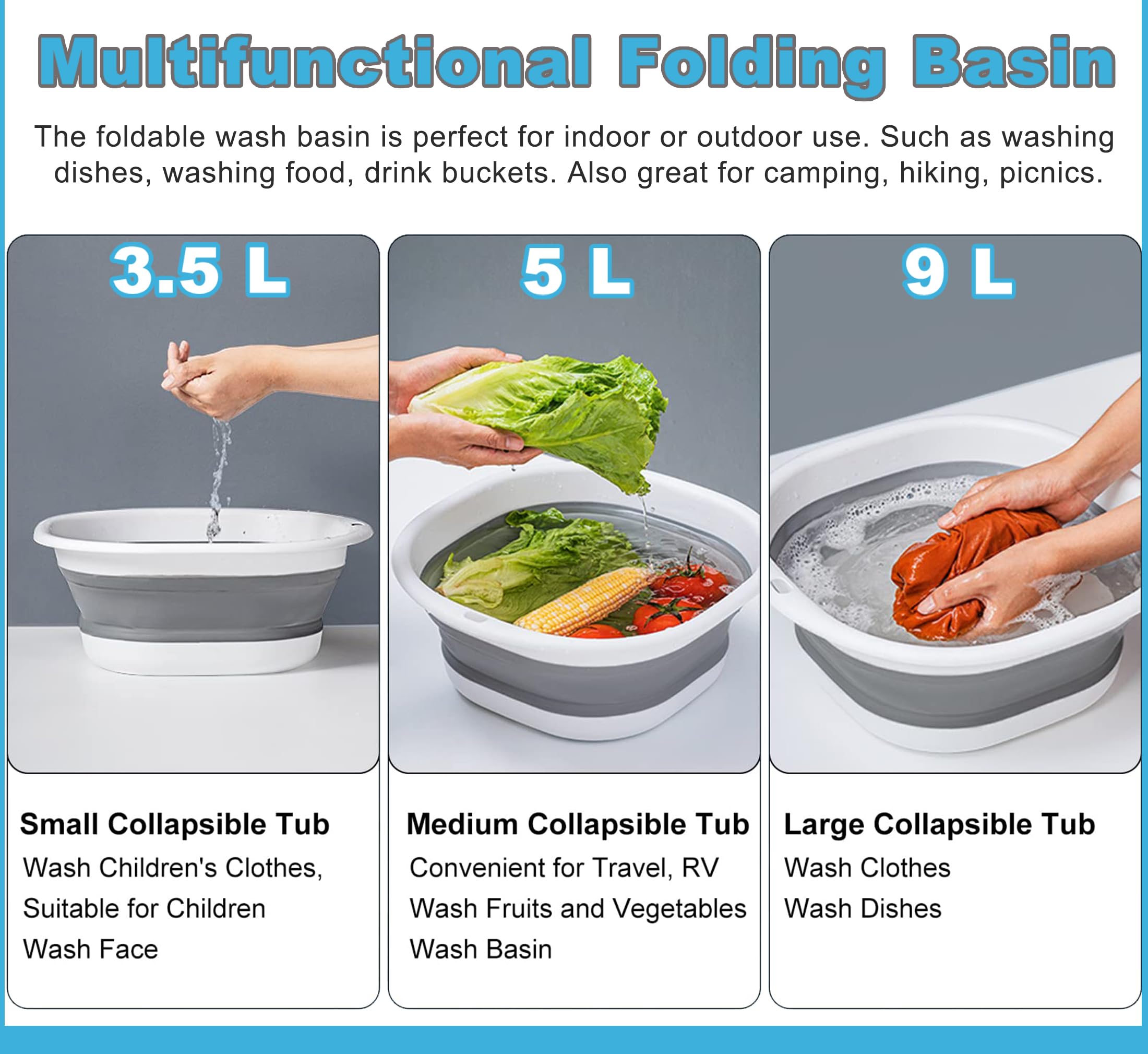 Collapsible Washing Up Bowl, Portable Wash Basin Silicone Plastic Basket Multipurpose Outdoor Travel Basin Camping Sink, Space Saving Folding Washtub (Blue, 3.5L) — view 5