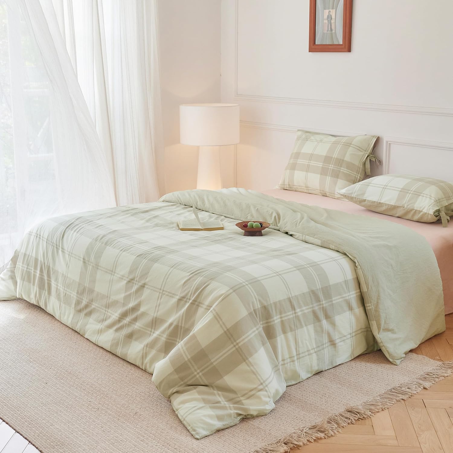 BISELINA 100% Washed Cotton Duvet Cover Set 3pcs with Bowknot Ties Strap Plaid Design, Linen Like Textured Durable Breathable Soft Comfy Chic Bedding - Grid-Khaki, Queen Size