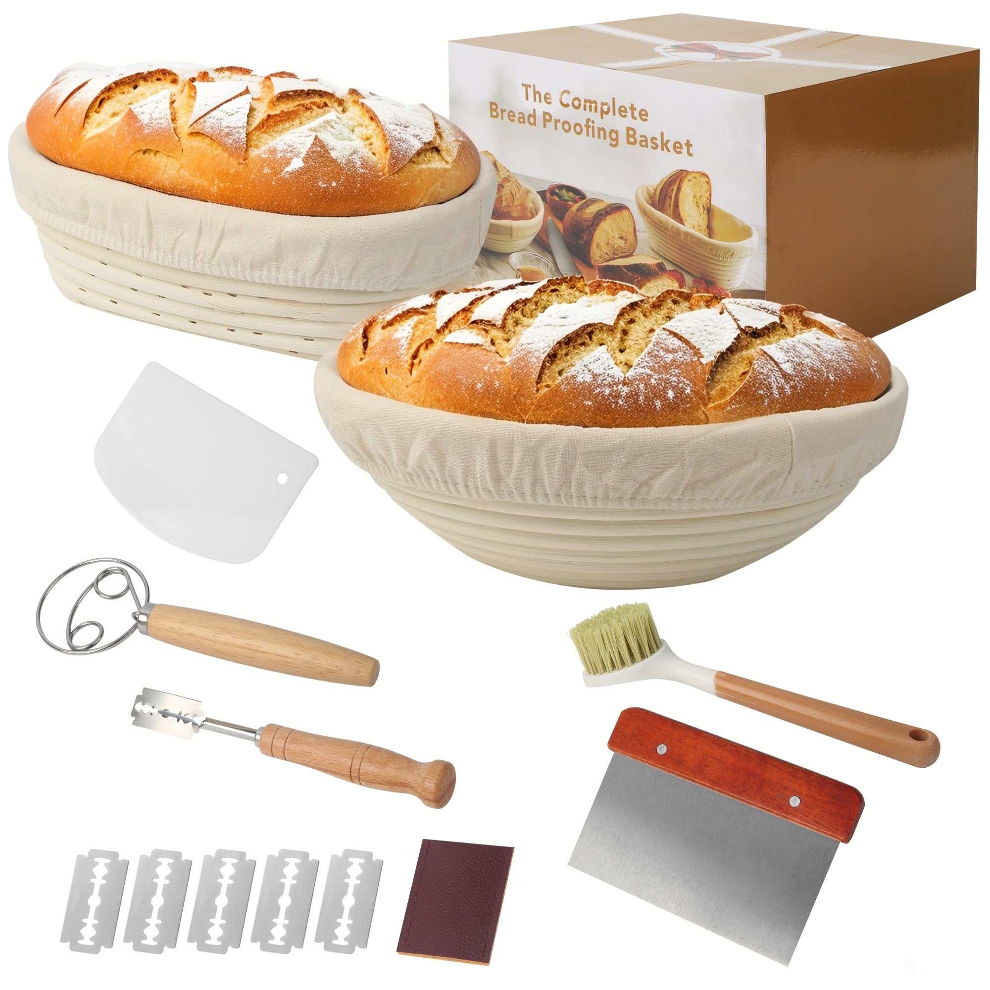 10 Pezzi Cestino Lievitazione Pane Set,Cesto Lievitazione Pane in Rattan Naturale, 23 cm Rotondo +25cm Cestini per Pane,Inclusi Spatola e Pennello da Cucina