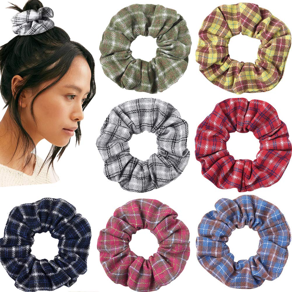 DINPREYPlaid Hair scrunchies prime, Plaid Elastic Hair Ties,Various colorsLarge Hair Ties, Strong Elastic Hair Bobbles for Ponytail Holder (7 PCS Plaid)