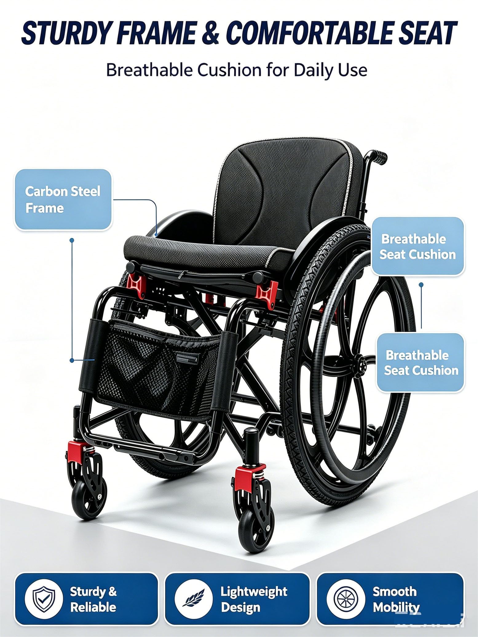 Silla de Ruedas Deportiva Plegable Ultraligera Black-W38cm | Solo pesa 10 kg (22 lb), se pliega de forma compacta, soporta hasta 100 kg para su transporte, silla manual para adultos