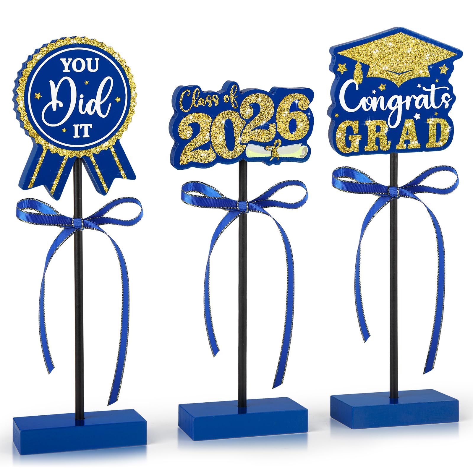 Photo 1 of 2026 Graduation Table Decorations Wooden Sign, 3Pcs Blue and Gold Graduation Tiered Tray Decor, Shiny Class of 2026 Sign (Blue.2026)