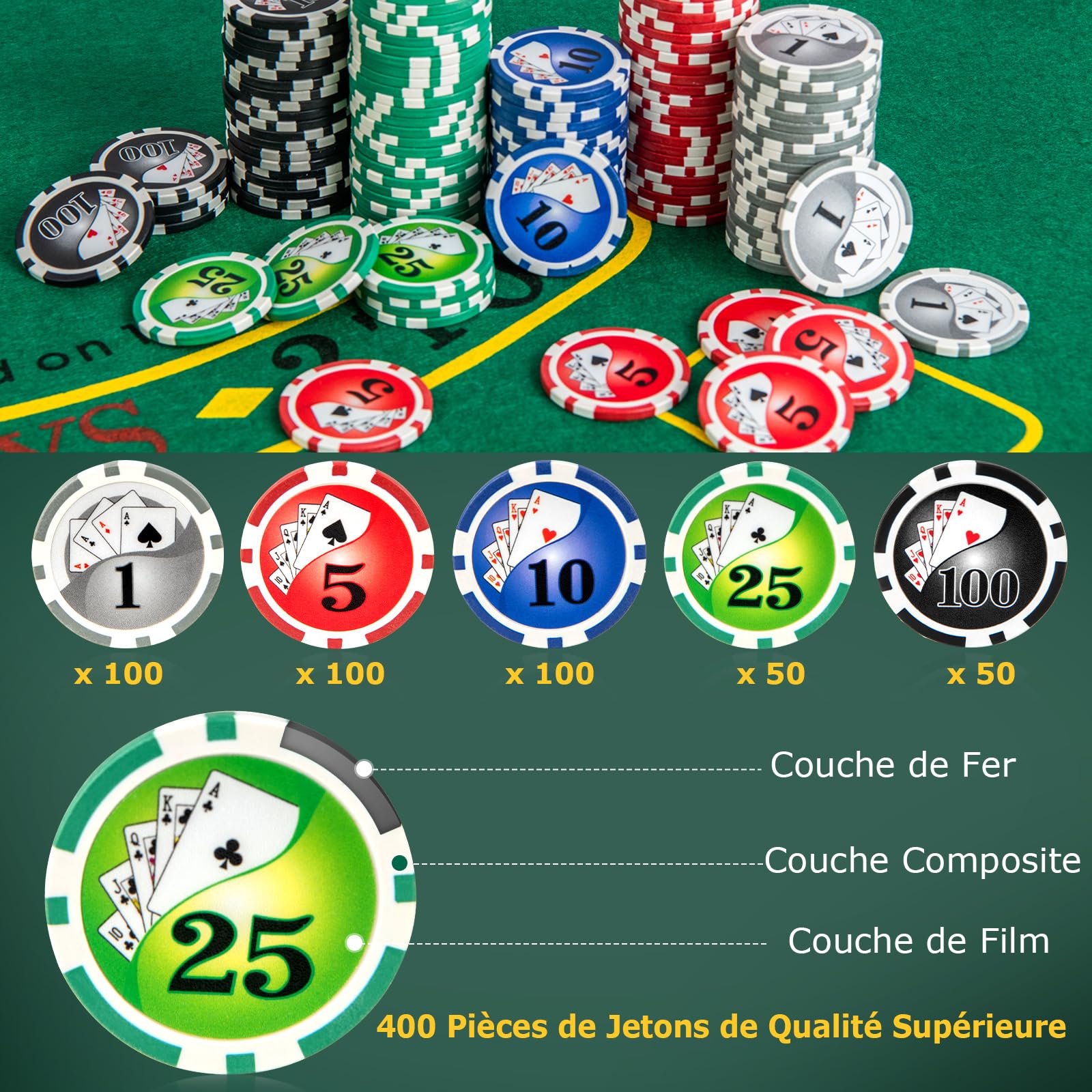 COSTWAY Mallette de Poker en Aluminium avec 400 Jetons & 2 Jeux de Cartes & 5 Dés, Coffret de Poker Verrouillable avec 1 Dealer & Tapis en Feutre & 2 Clés pour Casino Fête Soirée en Famille