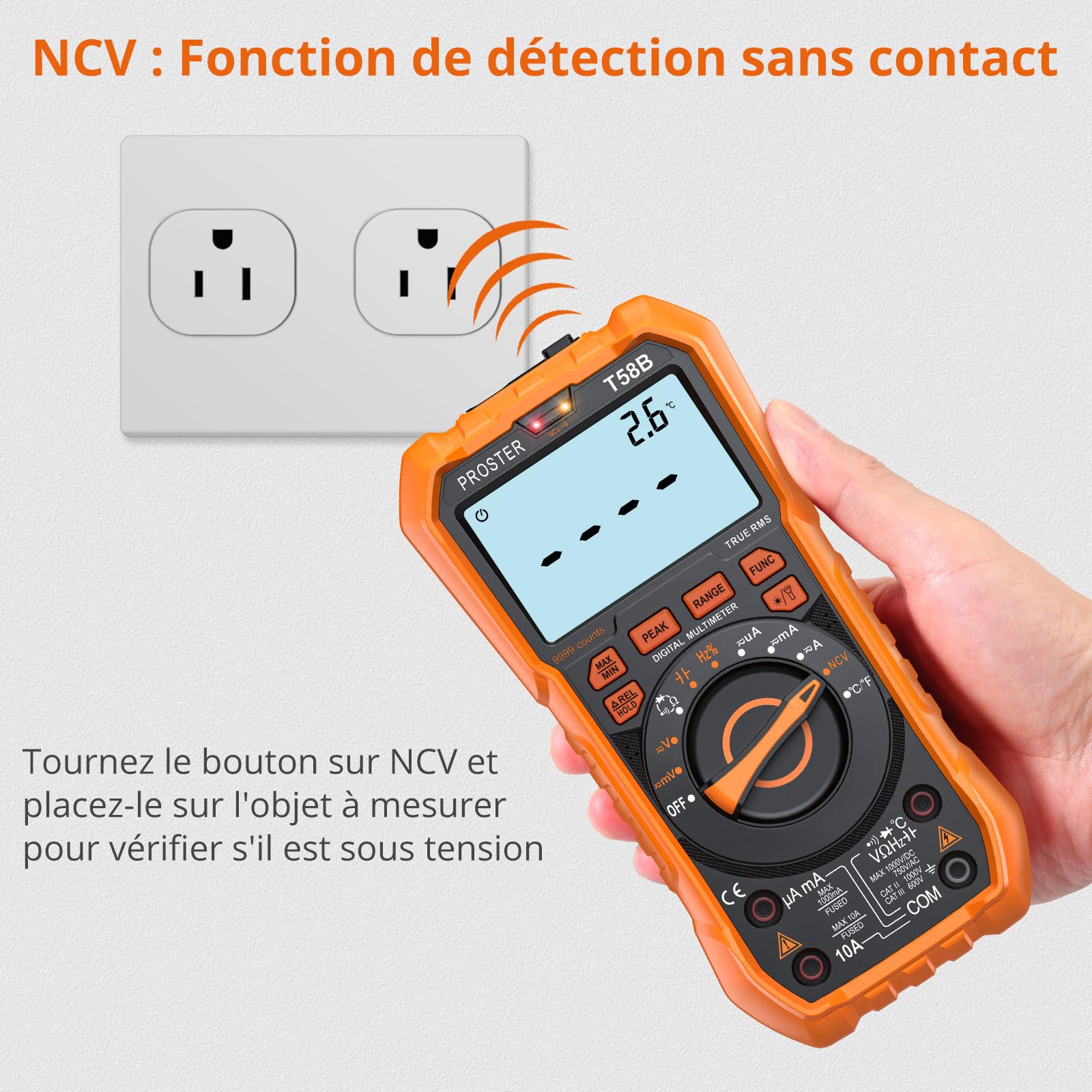Proster Multimètre Numérique 9999 Comptes TRMS Auto-Range NCV – Testeur Électrique AC/DC avec Mesure Température, Crête, Continuité, Alerte Jack et Support Magnétique