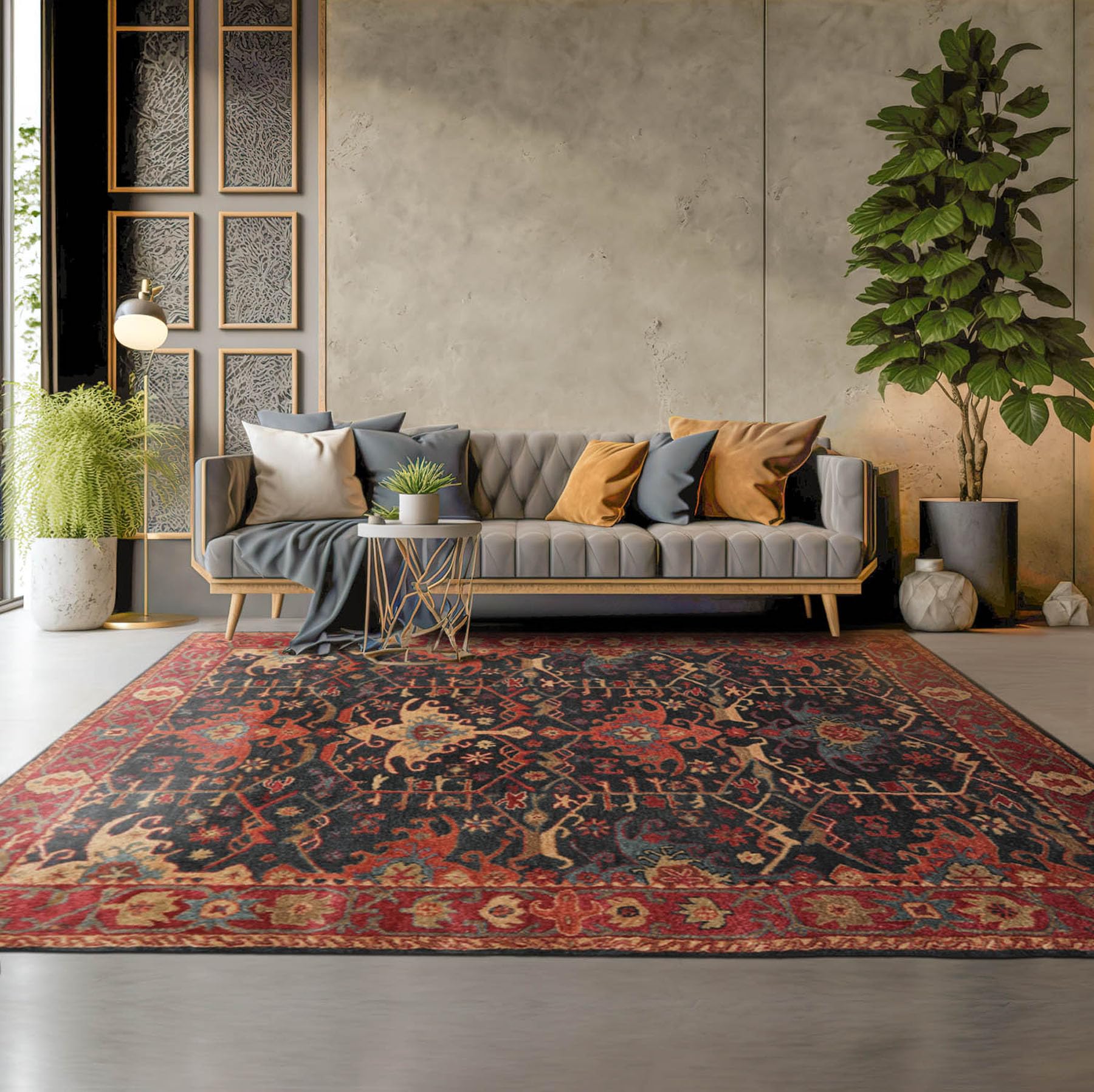 LoomBloom 10x14 ft Rectangular Hand Tufted Handmade 100% Wool Arts & Crafts Oriental Area Rug Dark Blue,Wine Color for Living Room, Bedroom, Kitchen,