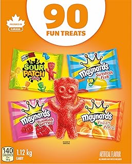 Maynards, Assorted Gummy Candy (Pack of 90), Sour Patch Kids, Fuzzy Peach, Swedish Berries, Swedish Fish, Bulk Candy, Individually Wrapped, Sour Candy, Halloween Candy, 1.12 kg