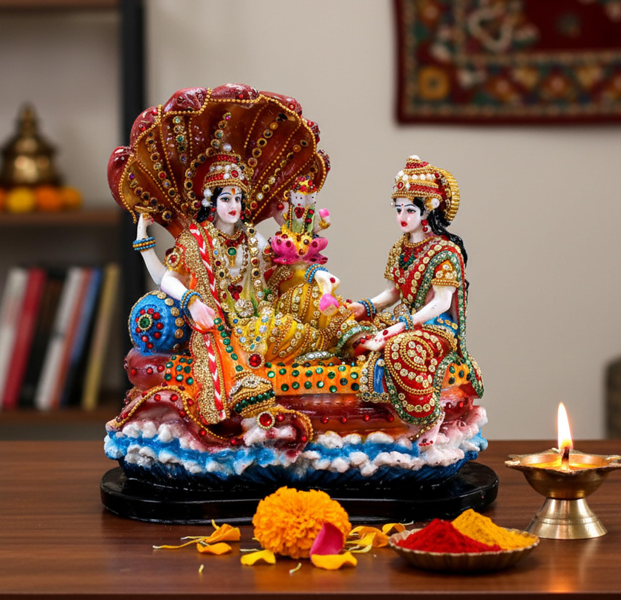 eSplanadeResin Lakshmi Narayan in KSheer Sagar - 10" Inches | Lord Vishnu with Laxmi Idol Murti Statue | Pooja Idols | Home Decor