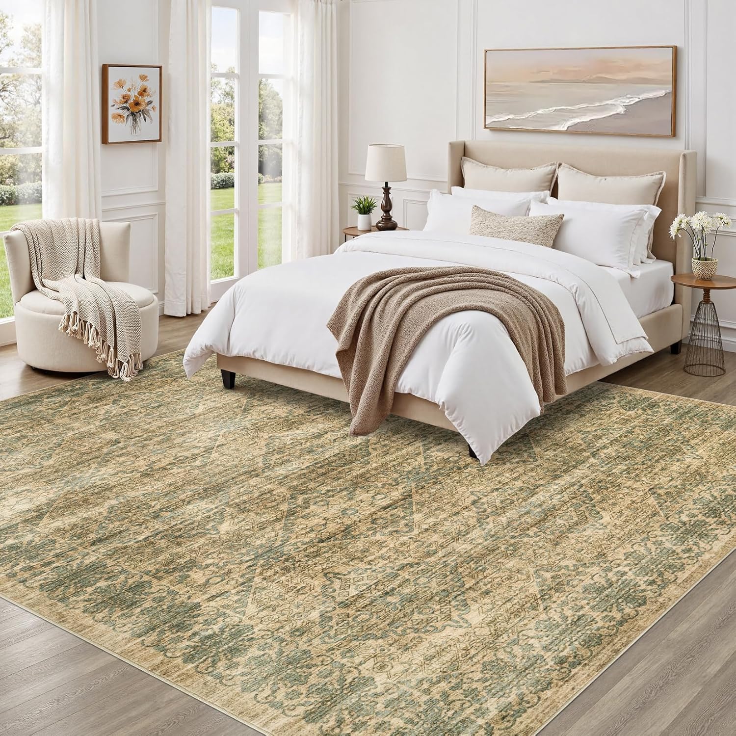 6x9 Area Rug Living Room: Washable Neutral Vintage Large Rugs Non-Slip Stain Resistant Soft Low Pile Indoor Retro Carpet for Bedroom Dining Room Under Table Office Playroom - Brown