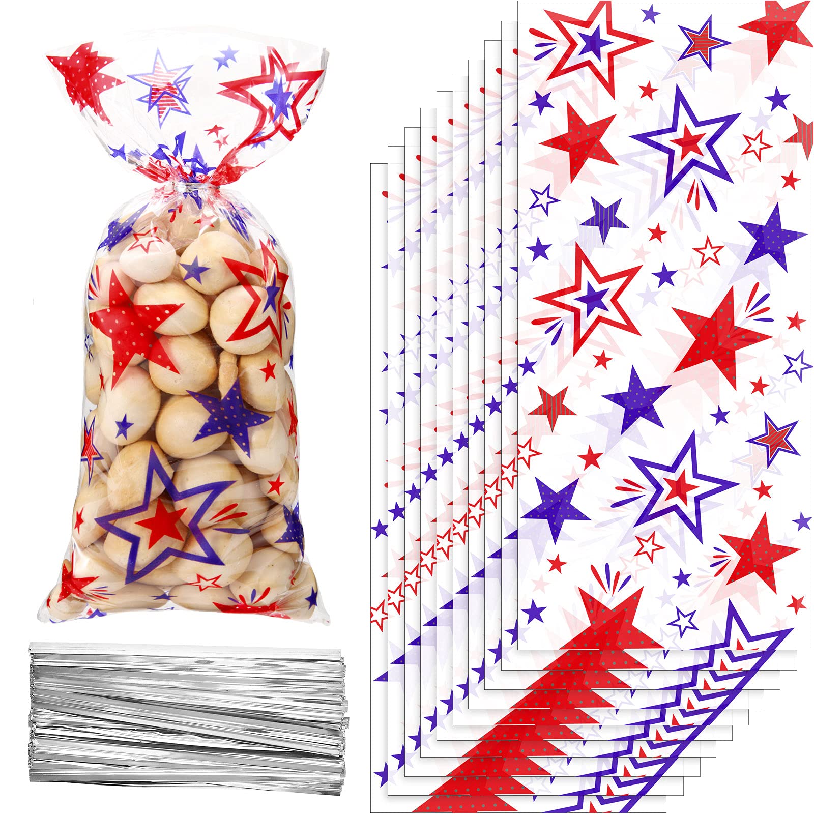 Outus 100 Pcs Patriotic Celllo Treat Bags Labor Day Goodie Blue Red USA Star Candy Independence Day 4th of July Cellophane Plastic Bag with 100 Silver Twist Tie for American Party Supplies Gift