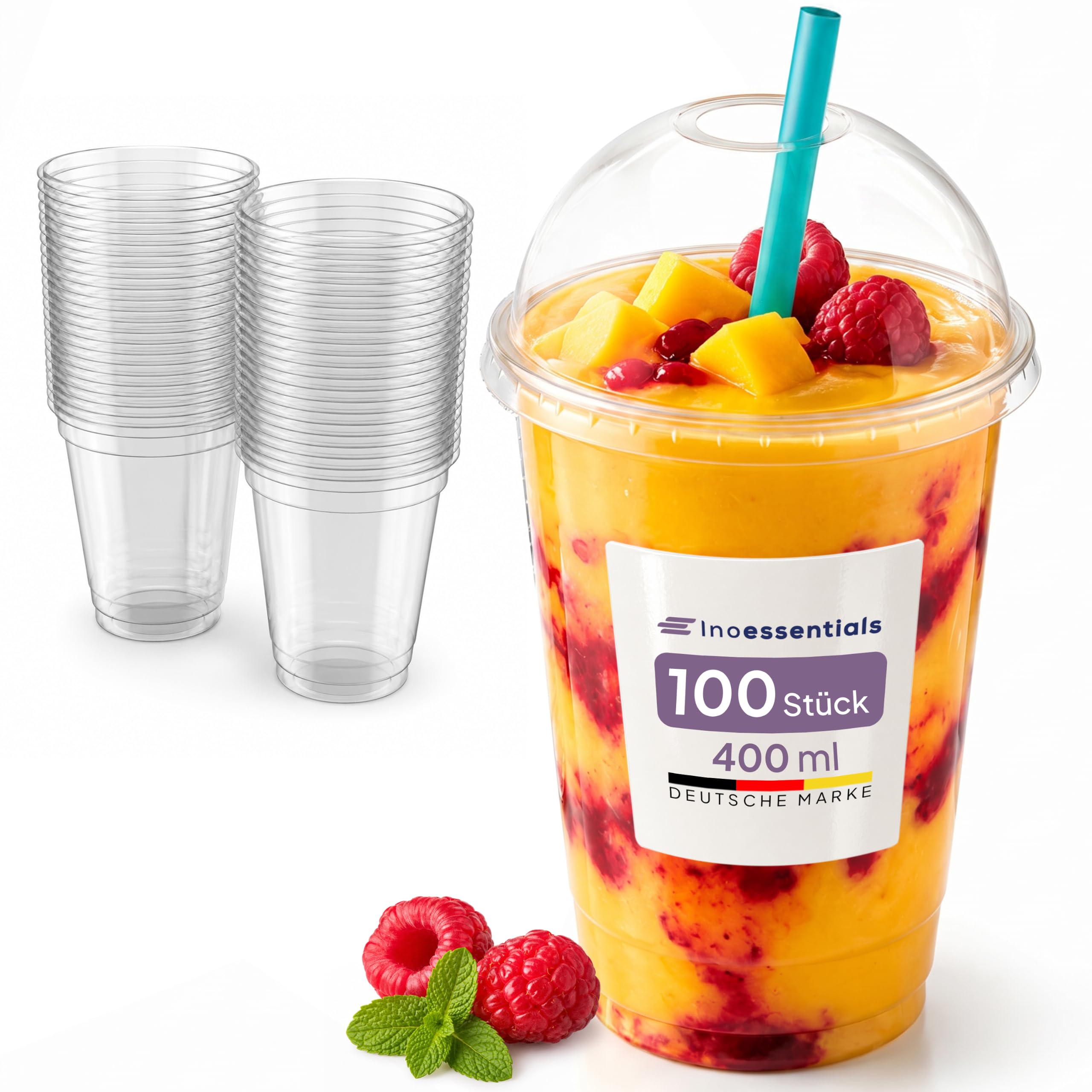 Inoverse Bicchieri per frullati, 400 ml, 100 pezzi, bicchieri in plastica con coperchio, trasparenti