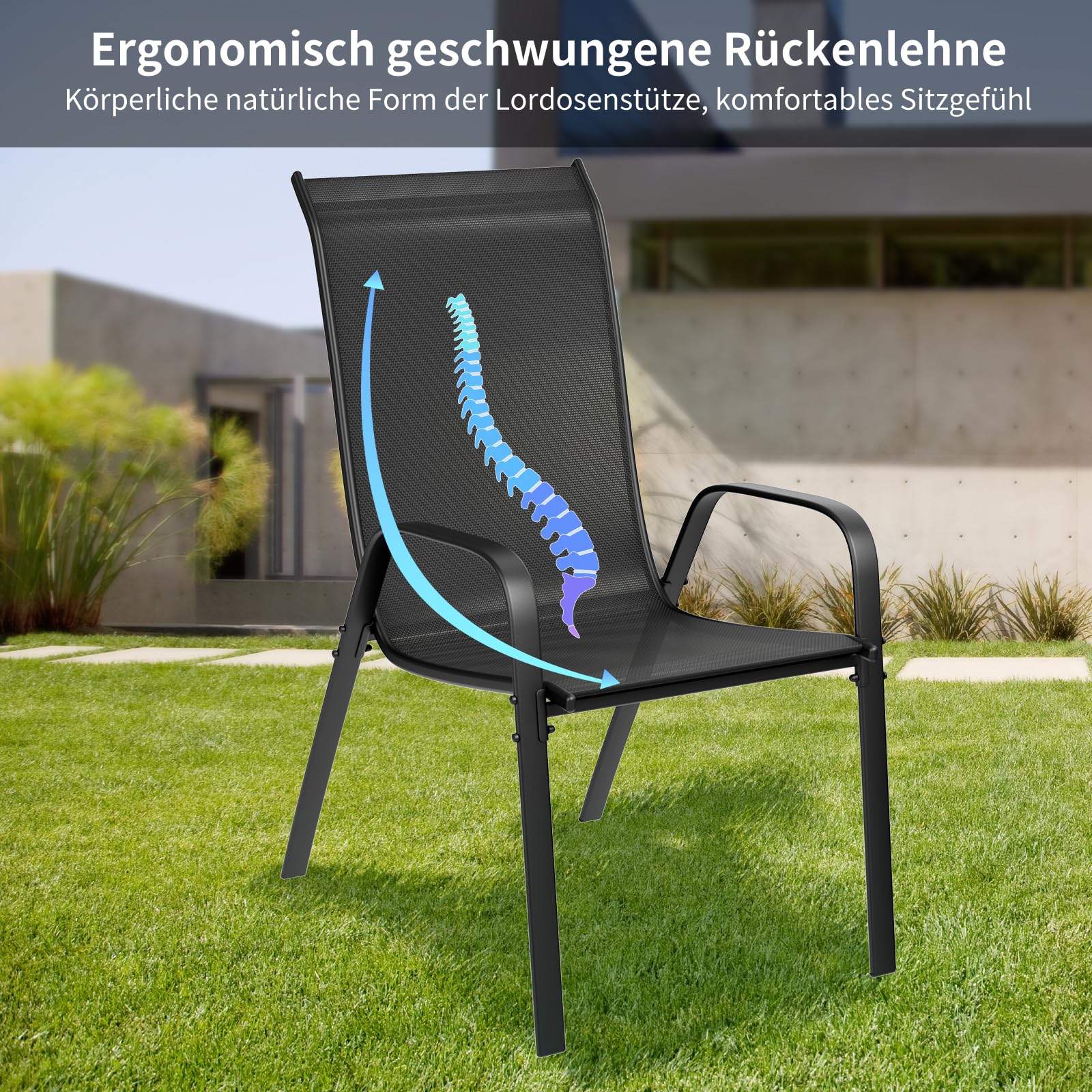 LIFERUN Lot chaises de Jardin empilables à Dossier Haut - Structure en Acier textilène - pour Jardins, Cours, balcons, Restaurants - Charge maximale : 150 kg - 54 x 69 x 93 cm (6, Noir)