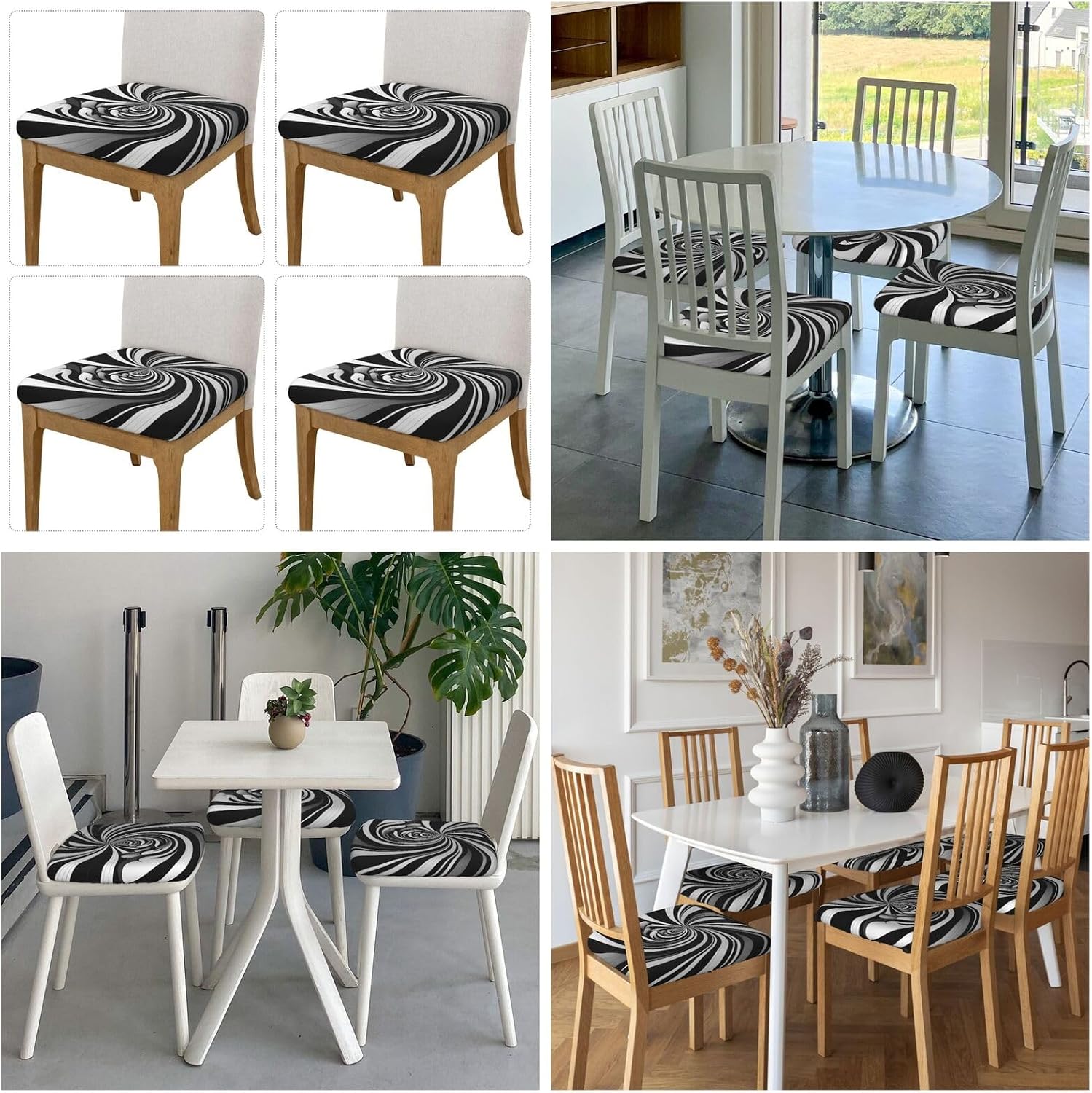 4PCS Stretch Seat Covers Set White Black Swirl Design Chair Cover for Dining Room Removable Chair Seat Slipcovers