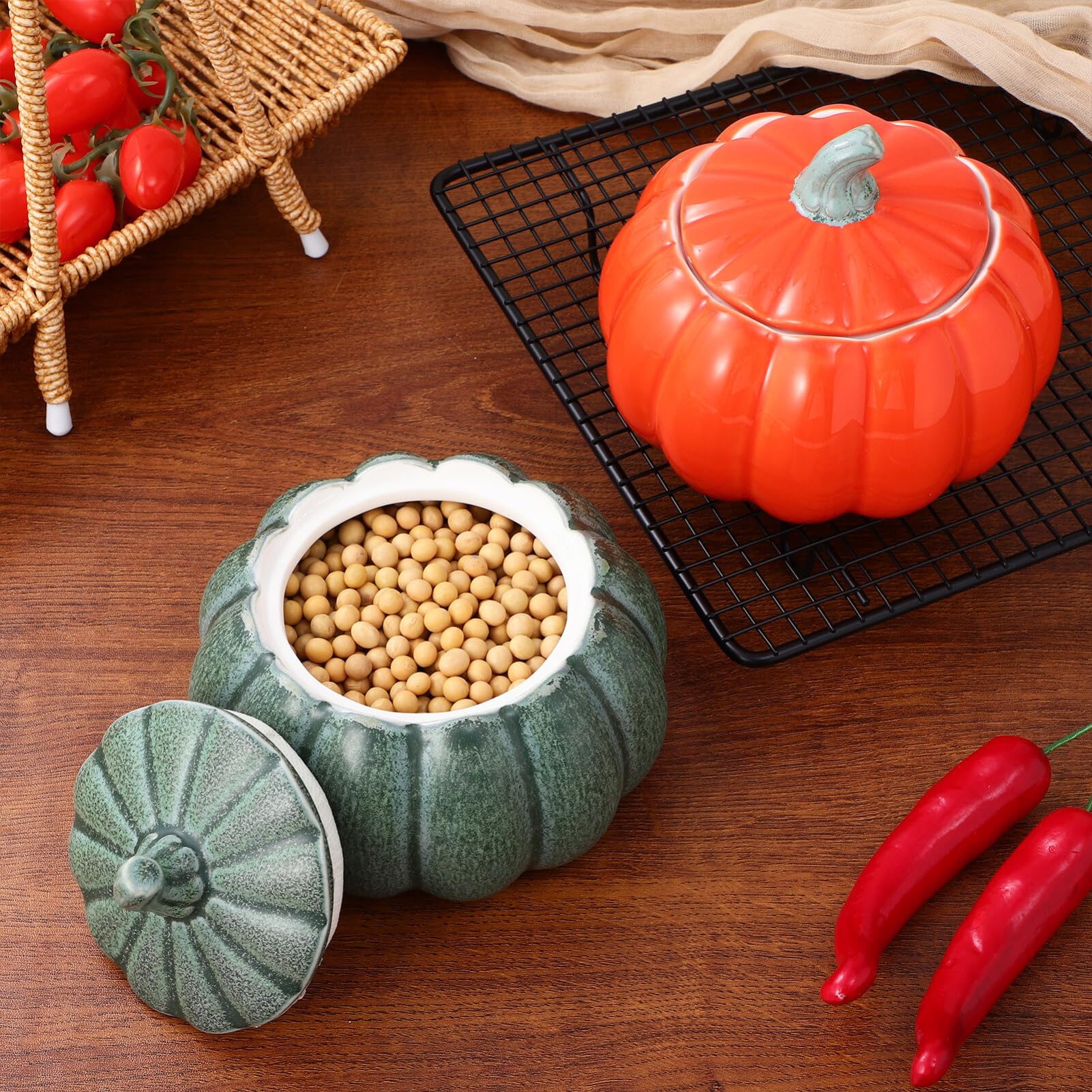 Lot de 2 pots à goûter décoratifs en forme de citrouille avec couvercles en céramique pour décoration de fête d'Halloween