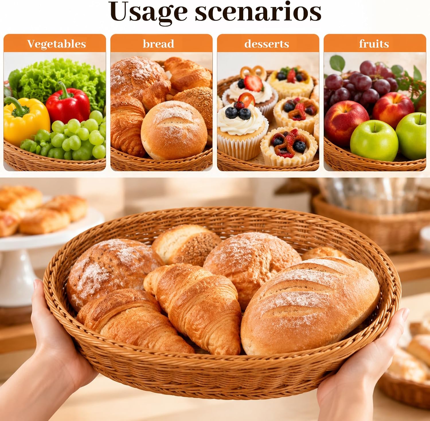 2 Pack Wicker Large Bread Basket with Acrylic Lid Cover, Imitation Rattan Bread Basket with Cover, Oval Bread Tray for Kitchen Counter, Restaurant, Picnic Display Storage (13.78x9.84'')