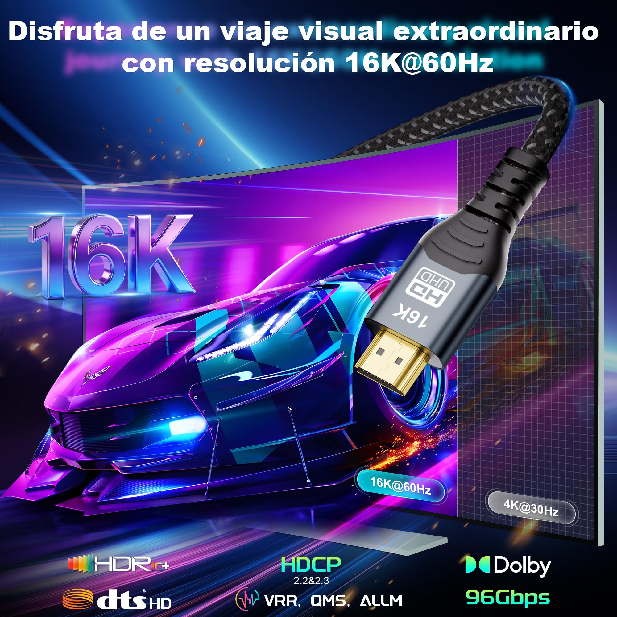 CAKOBLE Cable Prolongador HDMI 2m,[2 Pack,2m] Extensión HDMI 2.2 96Gbps Ultra High Speed 16K@60Hz, 8K 4K@480Hz HDR, HDMI 2.1,eARC, HDR10+, Dolby, HDCP 2.3, Macho Hembra para TV PS5 Xbox Monitor