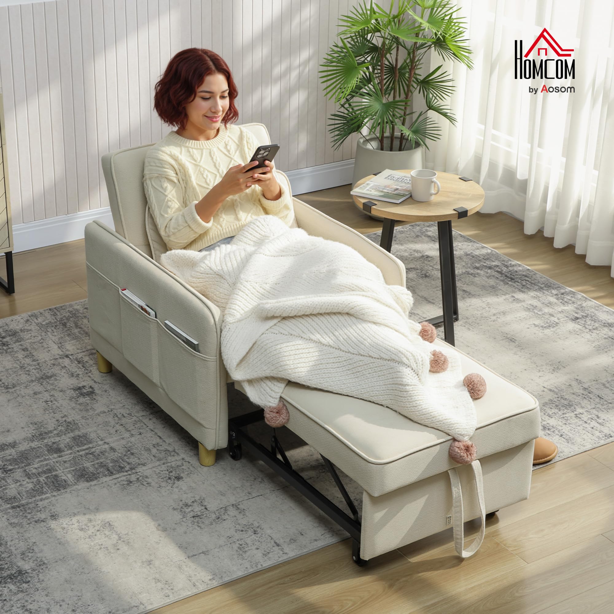 HOMCOM Sofá Cama de 1 Plaza 3 en 1, Sofá Cama Plegable Tapizado en Terciopelo Ecológico con Respaldo Ajustable 3 Niveles, 6 Bolsillos Laterales y Almohada, para Dormitorio, Salón, 74x85,5x82 cm, Beige