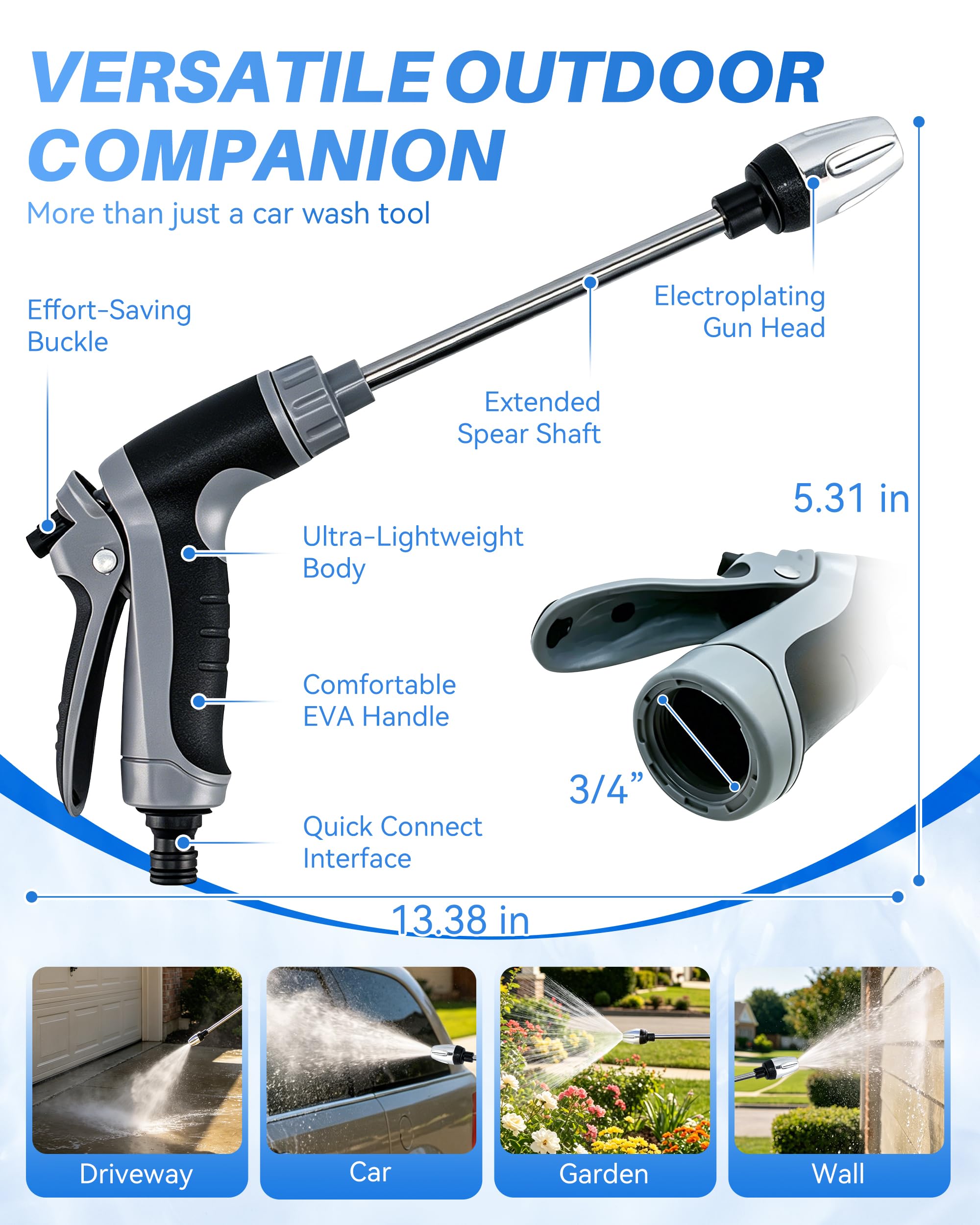 Washer Gun, High Pressure Garden Hose Nozzle with 360° Rotating Nozzle, 3 Spray Modes, Handheld Jet Nozzle Power Washer for Garden Hose - Fit with U.S. 3/4In Threaded Hoses(Grey-A) — view 7