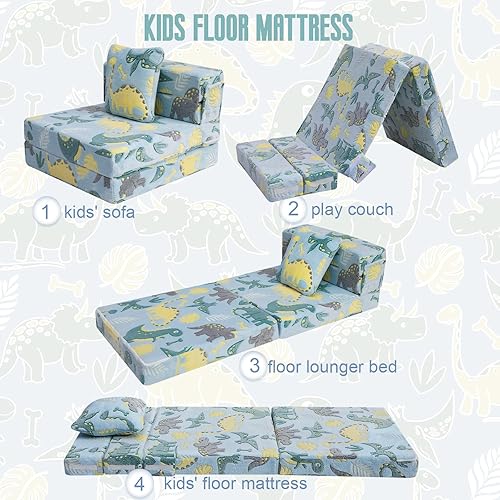 Miniatura 9 de MeMoreCool Glow Dinosaur Tri-fold Sofa Bed for Kids, Foldable Futon Mattress and Chair, Convertible Floor Couch for Playroom Cielo Dino,Planeta