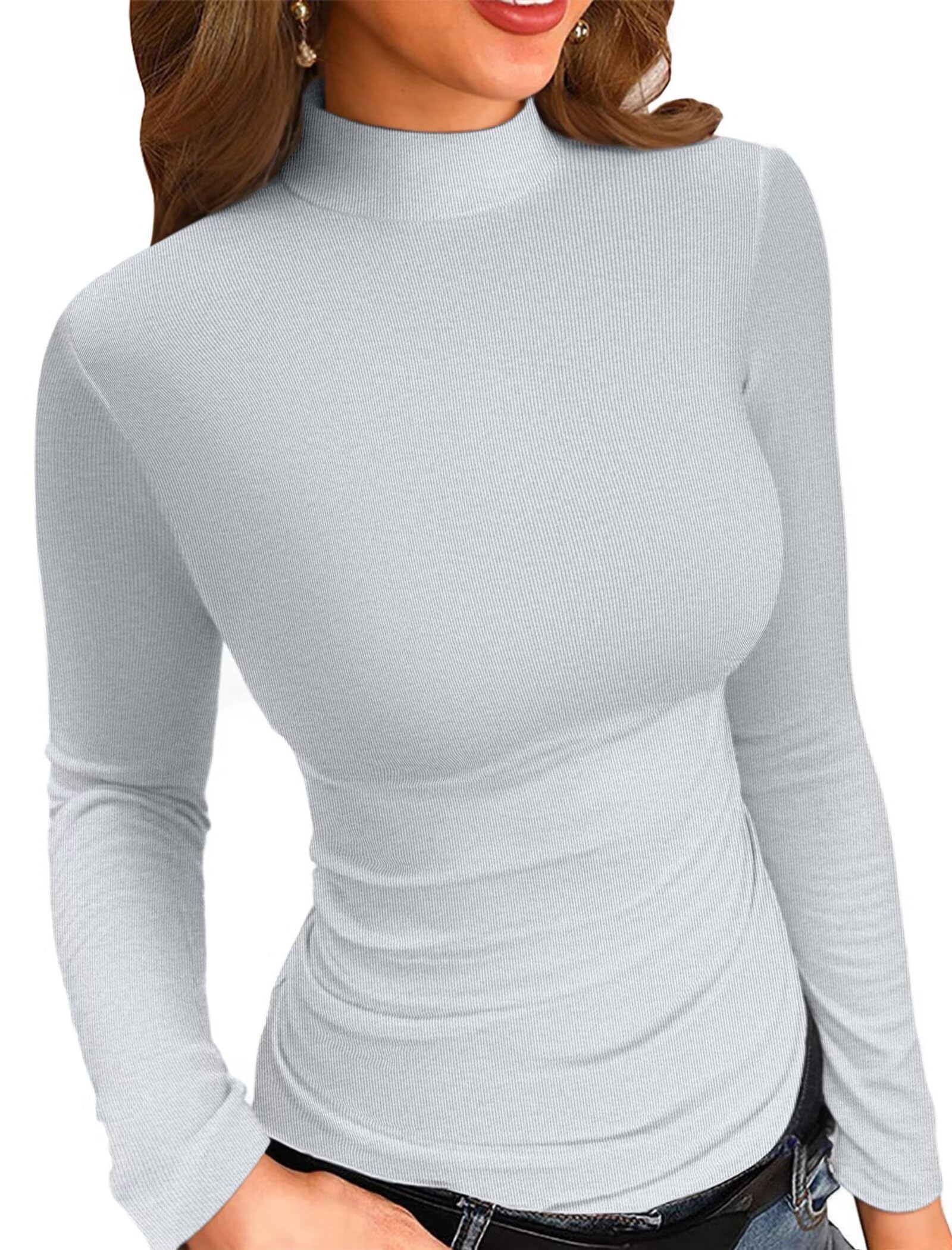 VICHYIE Womens Mock Neck Ribbed Long Sleeve Shirts Fall Slim Fitted Tops New Upgraded X-Large Grey