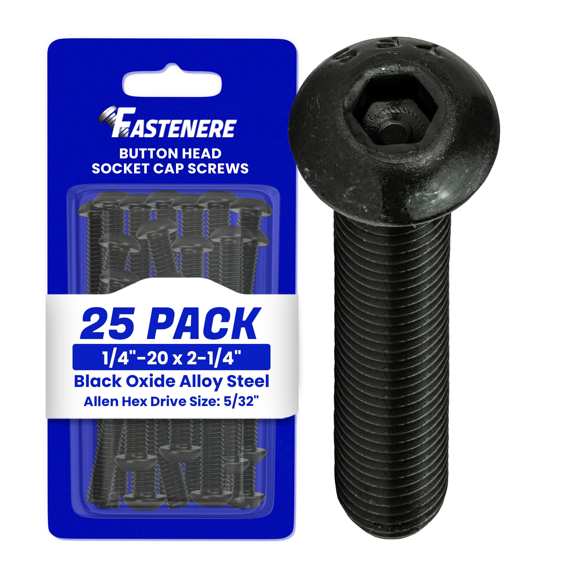 Fastenere Button Head Socket Cap Screws - 1/4-20 x 2-1/4" (25-Pcs) Alloy Steel, Fully Threaded, Fine Black Oxide Finish, Corrosion-Resistant, Machine