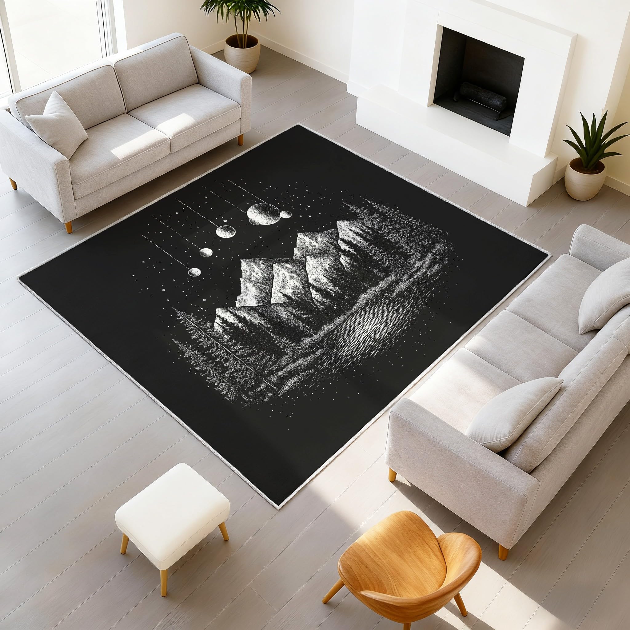 Générique Tapis De Salon Poils Ras Grand Abstrait Astrologique Minimaliste Intérieur Antidérapant Tapis Imprimé Forêt de pins Lacs Lune Noir Couleur, Paillasson Confortablex Lavable 120 x 160 cm