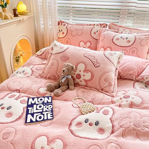 Miniatura 3 de KASBLUEL Juego de funda de edredón tamaño Queen, juego de ropa de cama de conejo rosa, fundas de edredón estéticas, manta ultra esponjosa, suave y