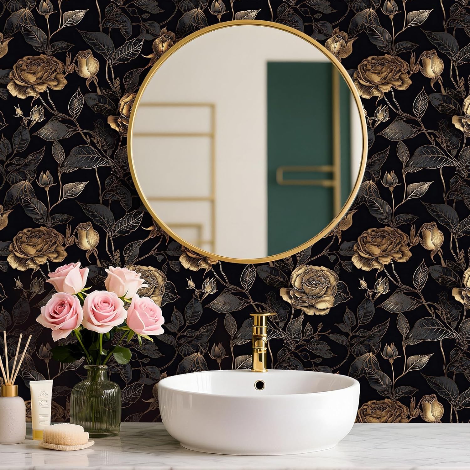 FunStick 17.5"x354" Black and Gold Floral Peel and Stick Wallpaper Vintage Moody Black Floral Wall Paper for Bedroom RV Walls Removable Vinyl Rose Flower Wallpaper Renter Friendly Dark Contact Paper