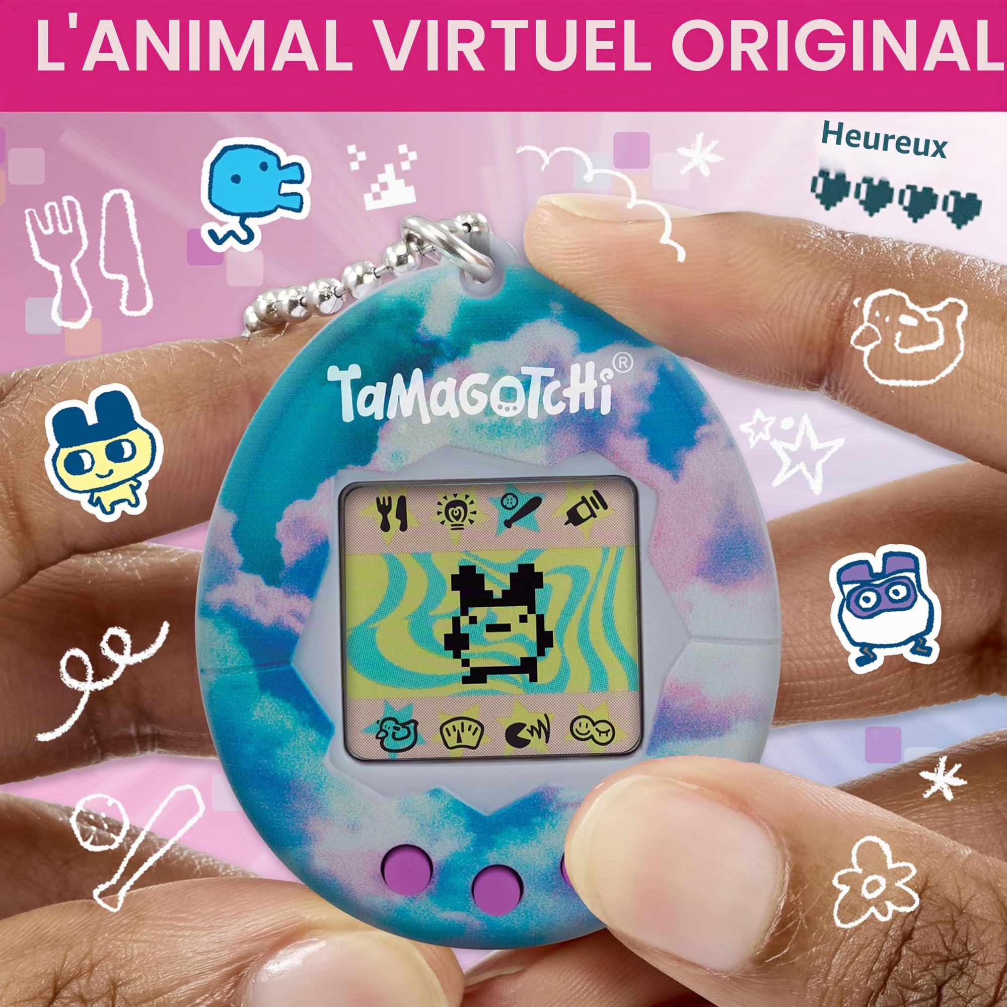 Tamagotchi 42948NBNP - Bandai Original Gén 2 - Coque au Motif Ciel avec chaîne - L’Animal de Compagnie virtuel Original Bleu