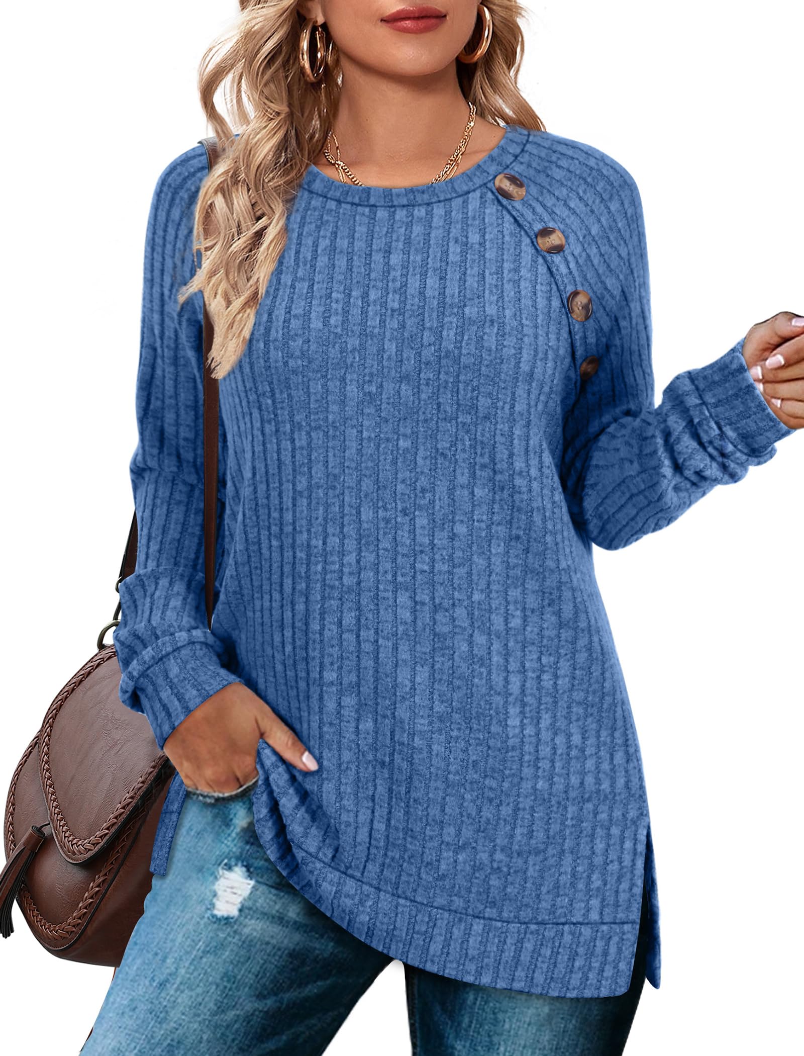 Bofell Long Sleeve Shirts for Women Lightweight Button Decor Tunic Tops Side Split