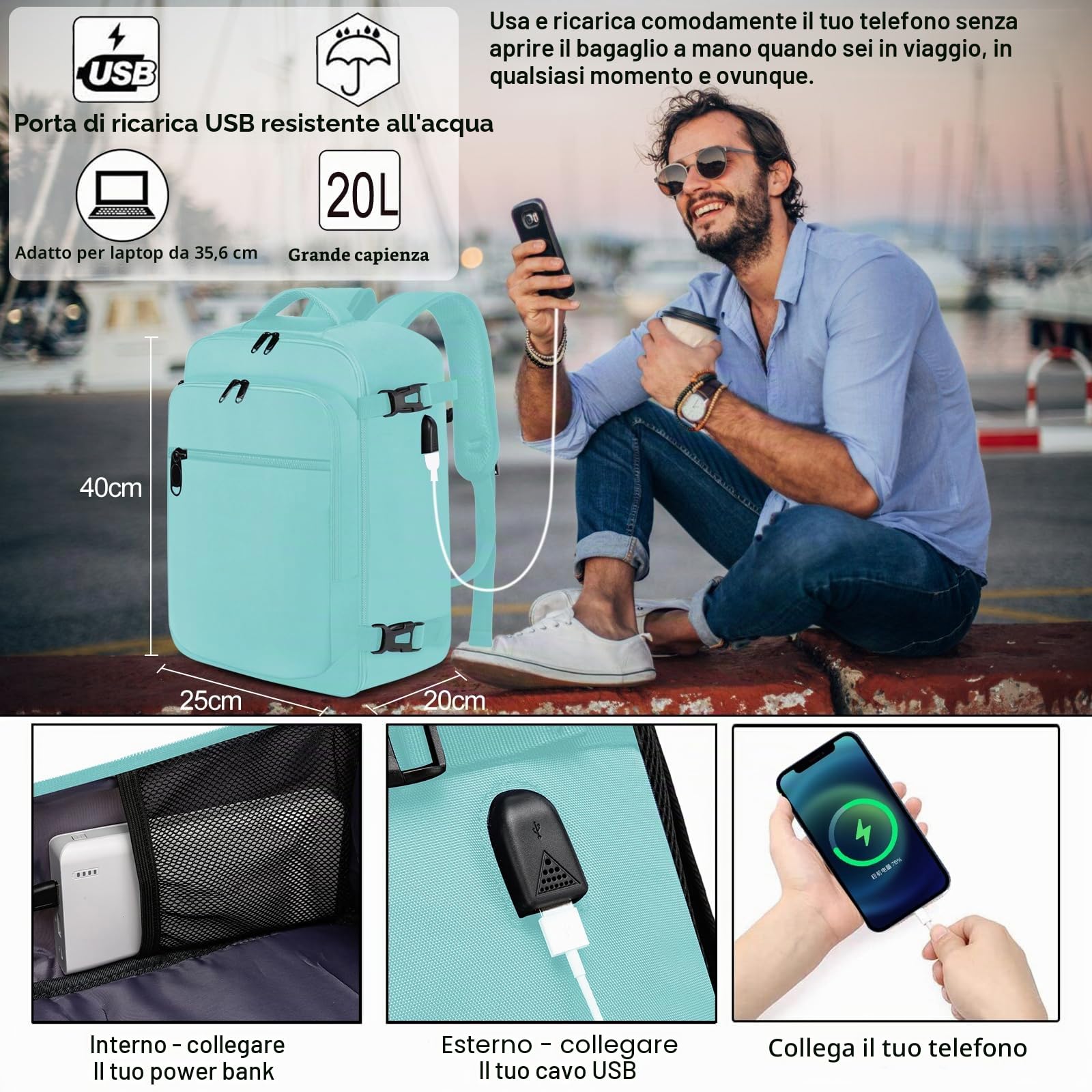EZUOLA Zaino da Viaggio Aereo 20L Bagaglio a Mano Ryanair 40x20x25 Borsa da Cabina Porta PC USB Verde